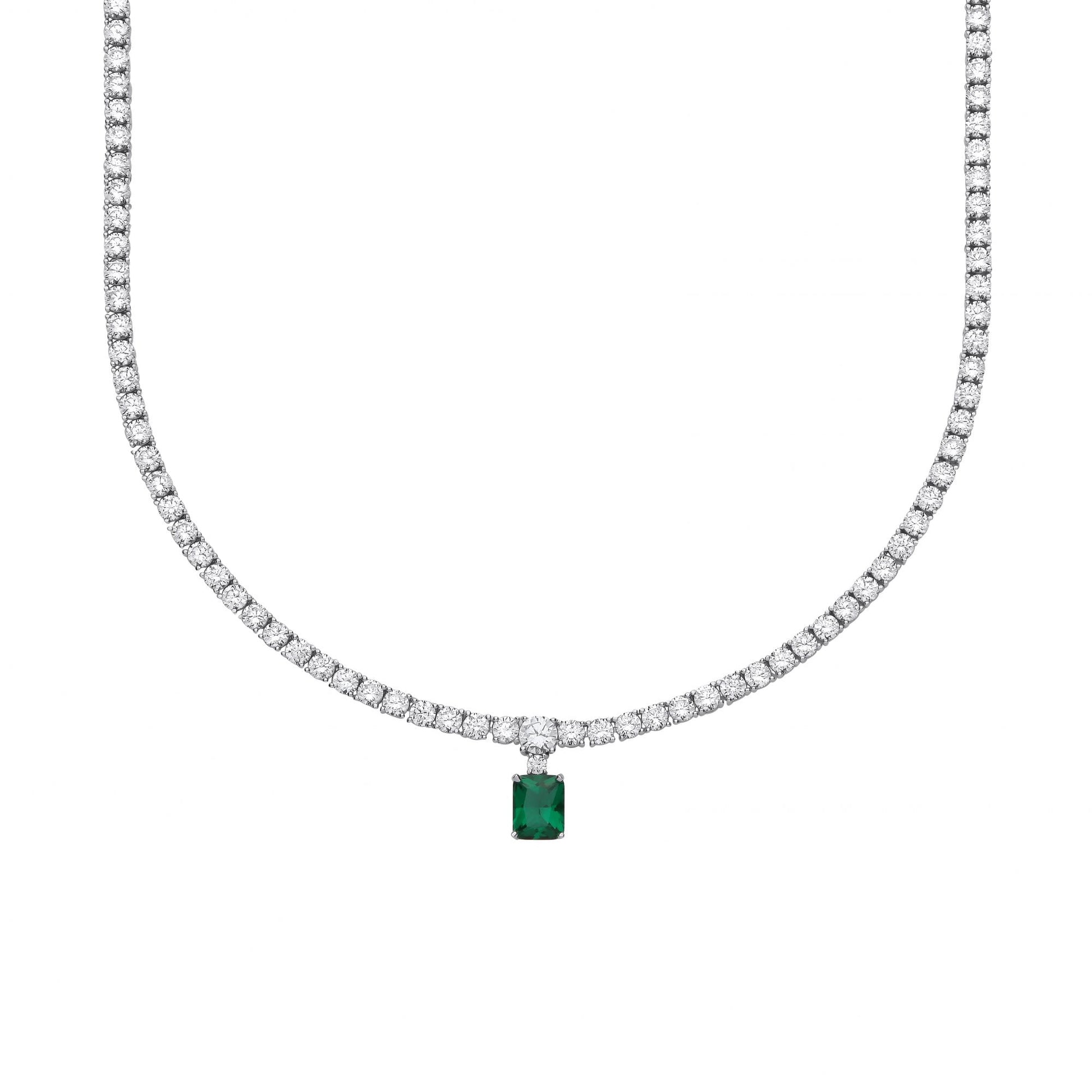 Silver CZ & Emerald Pendant Tennis Necklace