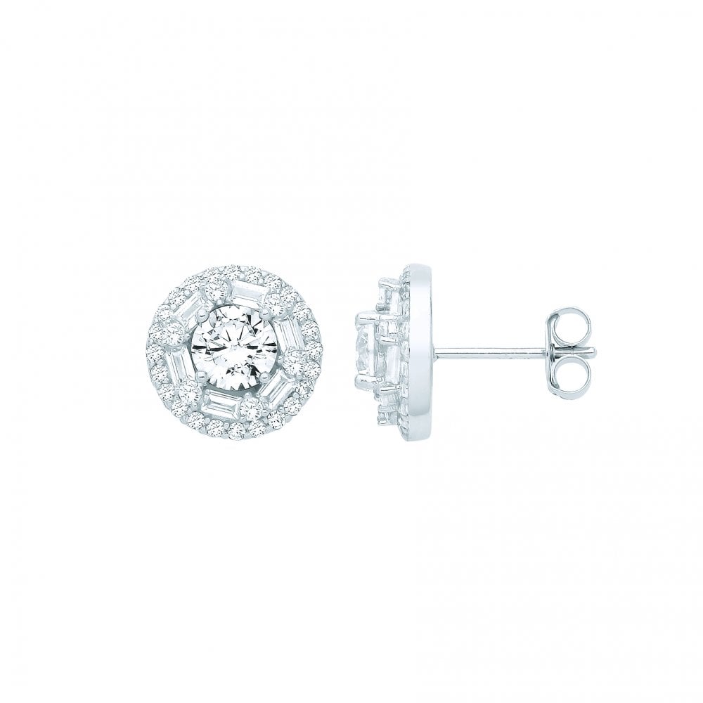 Silver CZ Fancy Round & Baguette Stud Earrings