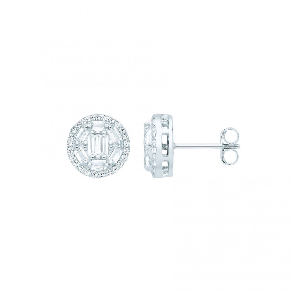 Silver CZ Fancy Round & Baguette Stud Earrings