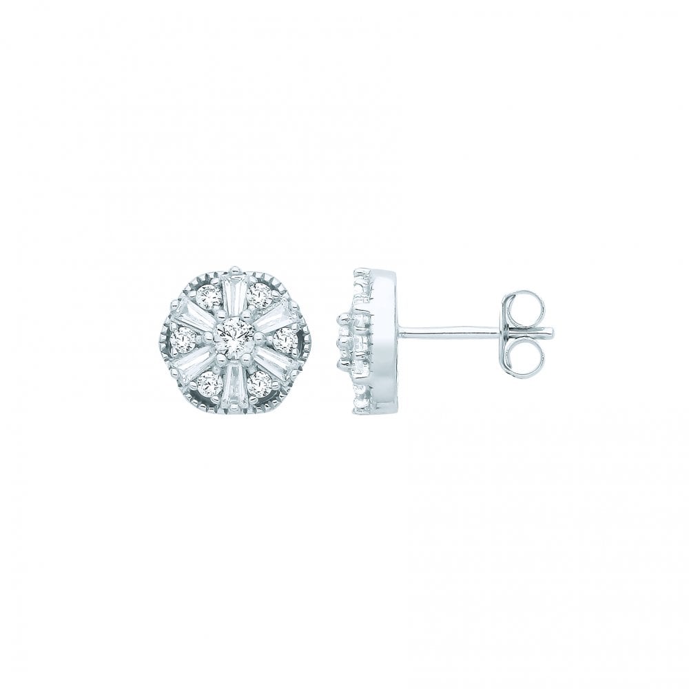 Silver CZ Fancy Round & Baguette Stud Earrings