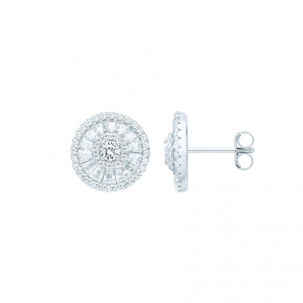 Silver CZ Fancy Round & Baguette Stud Earrings