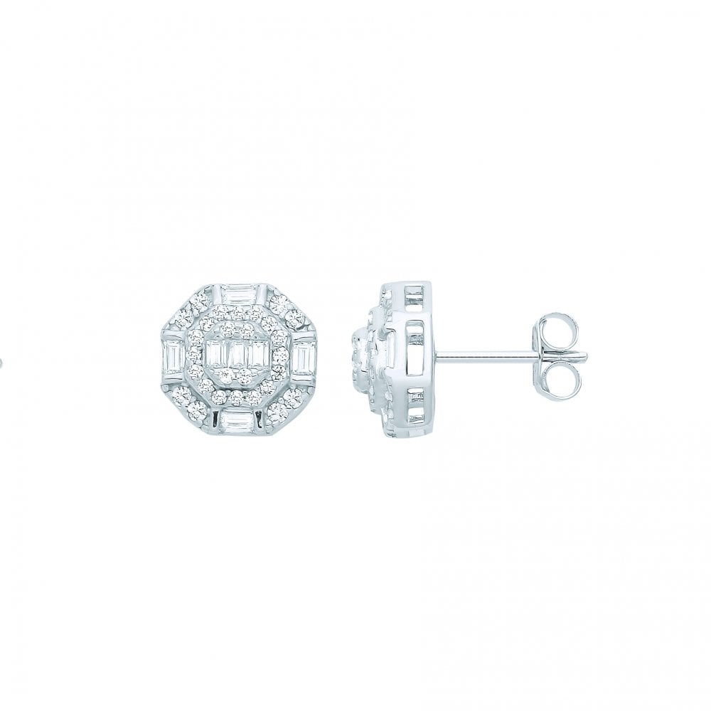 Silver CZ Fancy Round & Baguette Stud Earrings