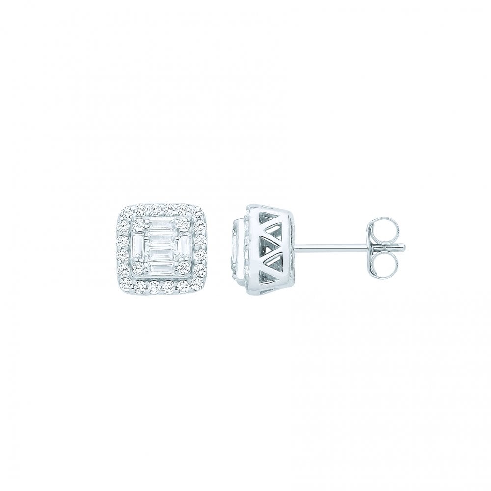 Silver CZ Fancy Square Baguette Stud Earrings