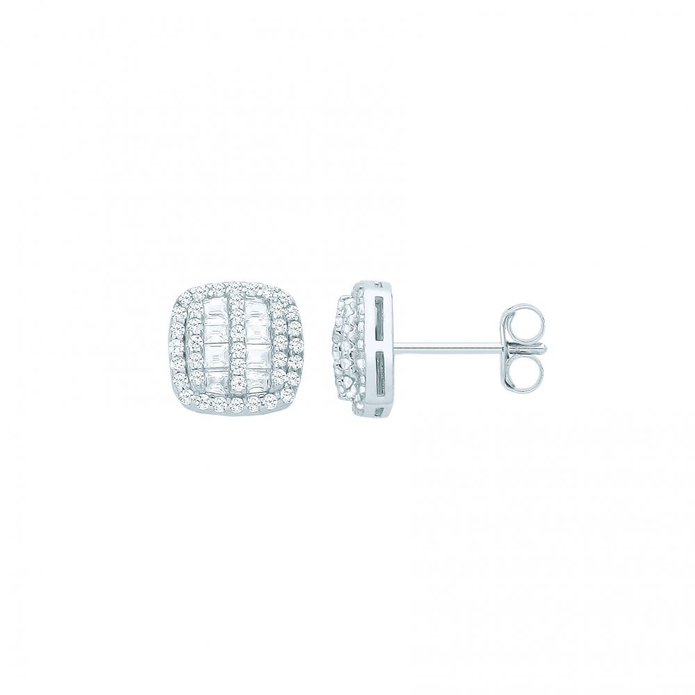 Silver CZ Fancy Square Baguette Stud Earrings