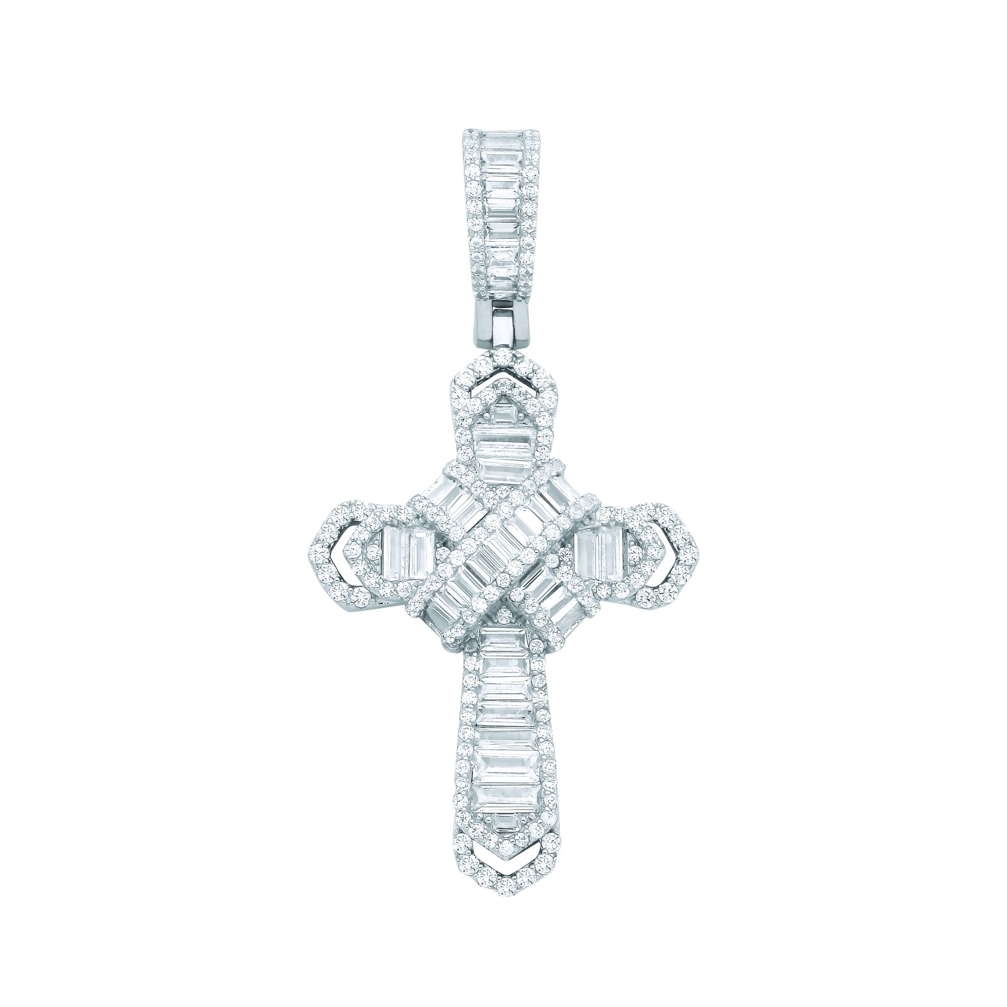 Silver CZ Round & Baguette Cross Pendant
