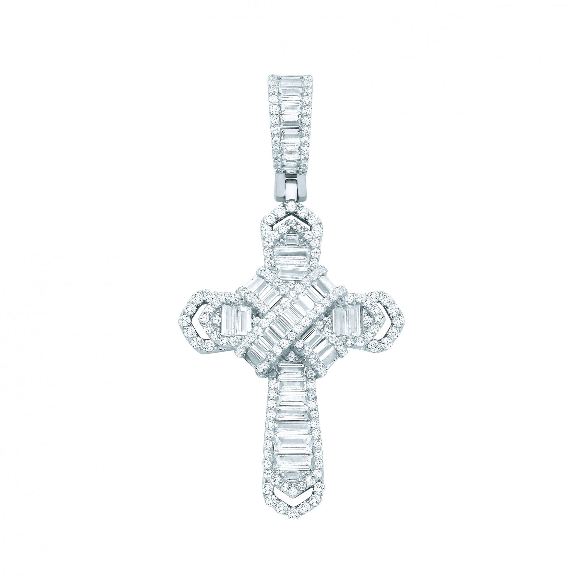 Silver CZ Round & Baguette Cross Pendant
