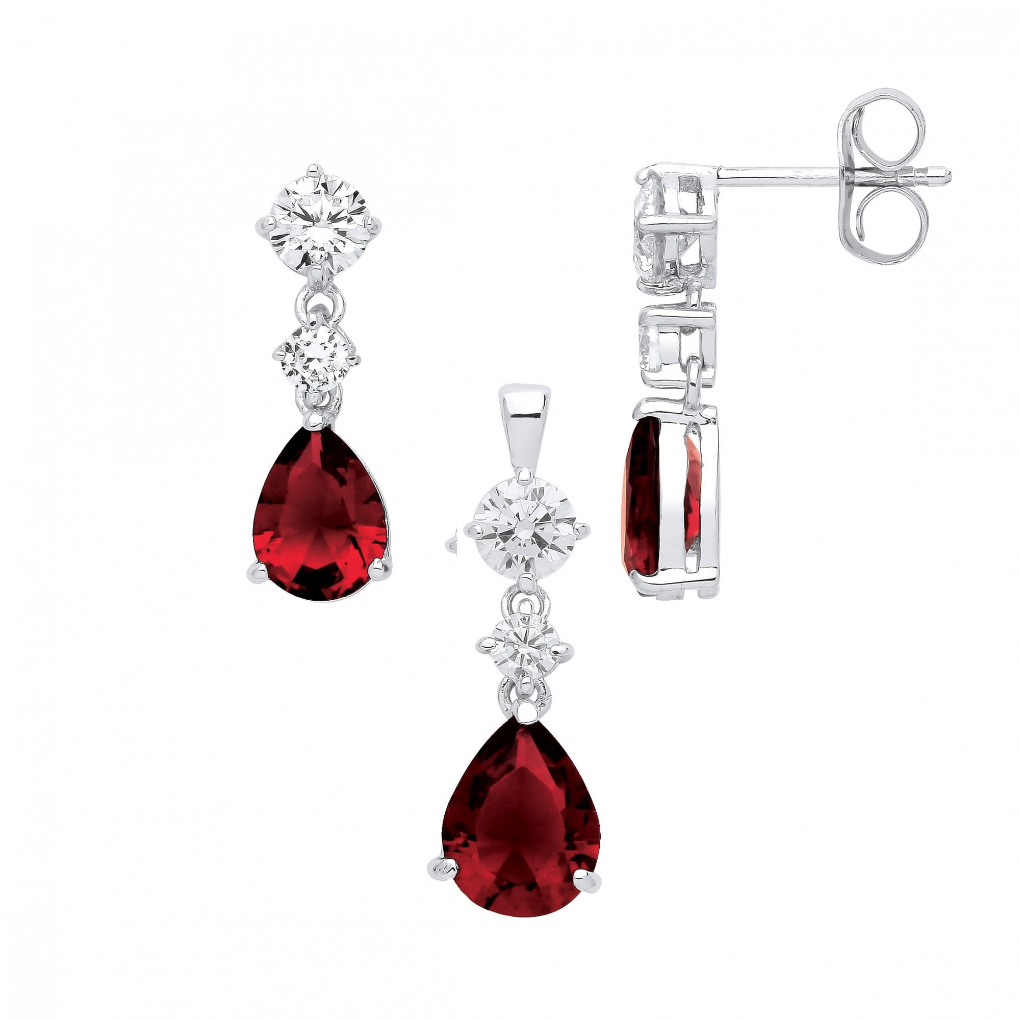 Silver CZ & Ruby Fancy Tear Drop Earring & Pendant Set