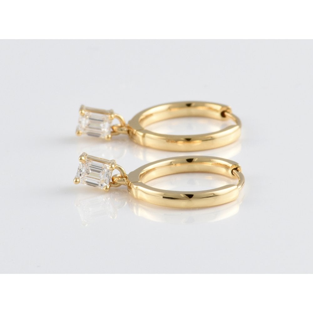 Yellow Gold Emerald Cut Diamond Hoop Drop Earrings 0.60ct