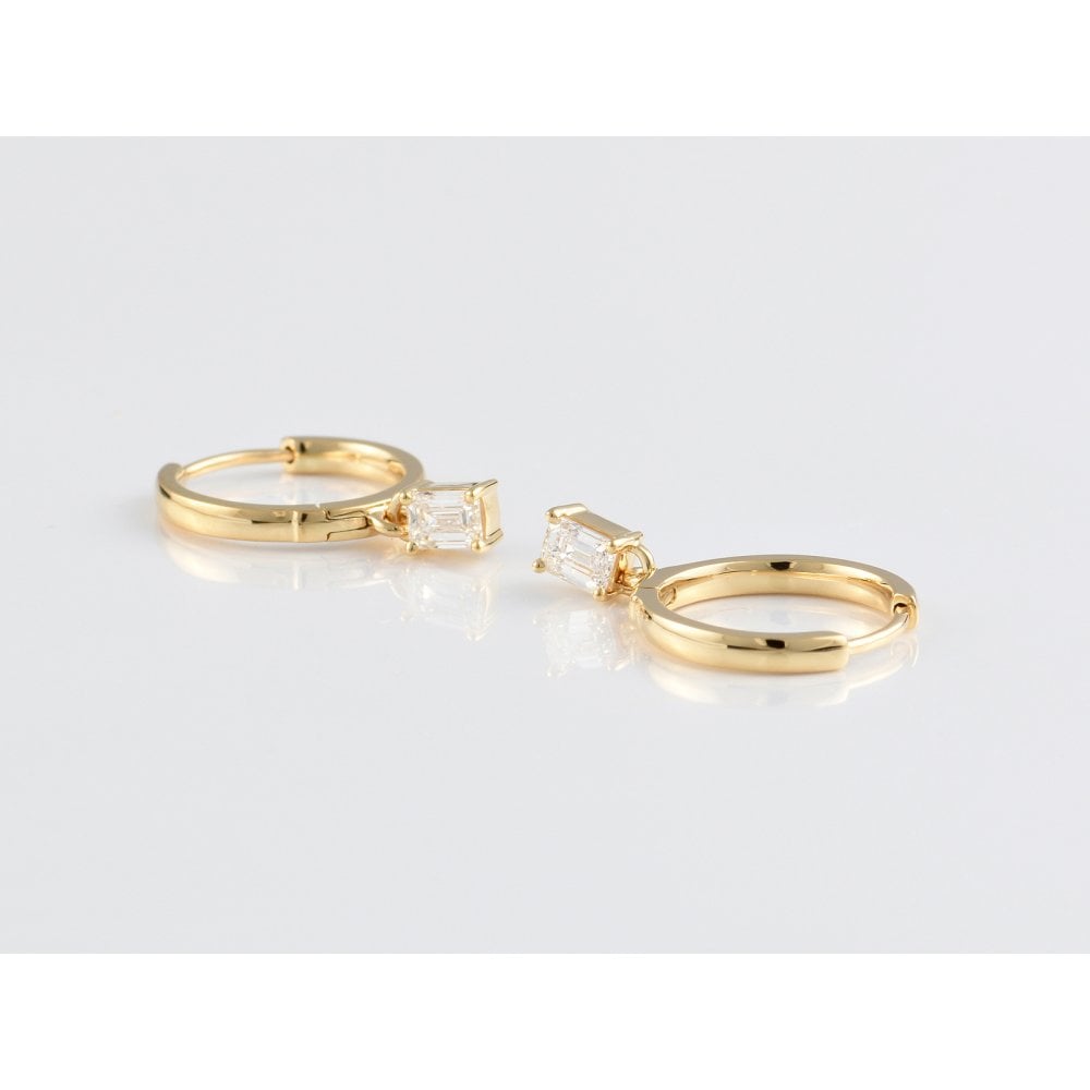 Yellow Gold Emerald Cut Diamond Hoop Drop Earrings 0.60ct