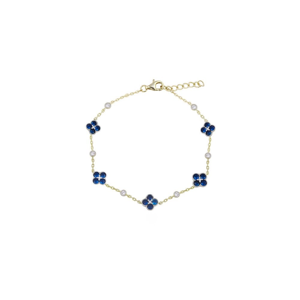 925 Silver 14ct Gold Plated CZ Set Clover Bracelet Blue