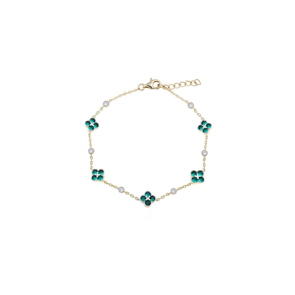 925 Silver 14ct Gold Plated CZ Set Clover Bracelet Green