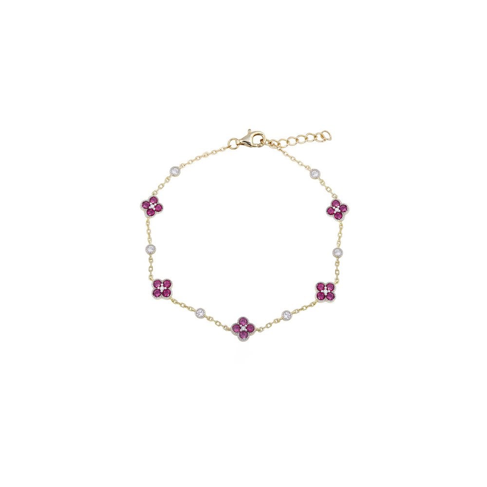 925 Silver 14ct Gold Plated CZ Set Clover Bracelet Red
