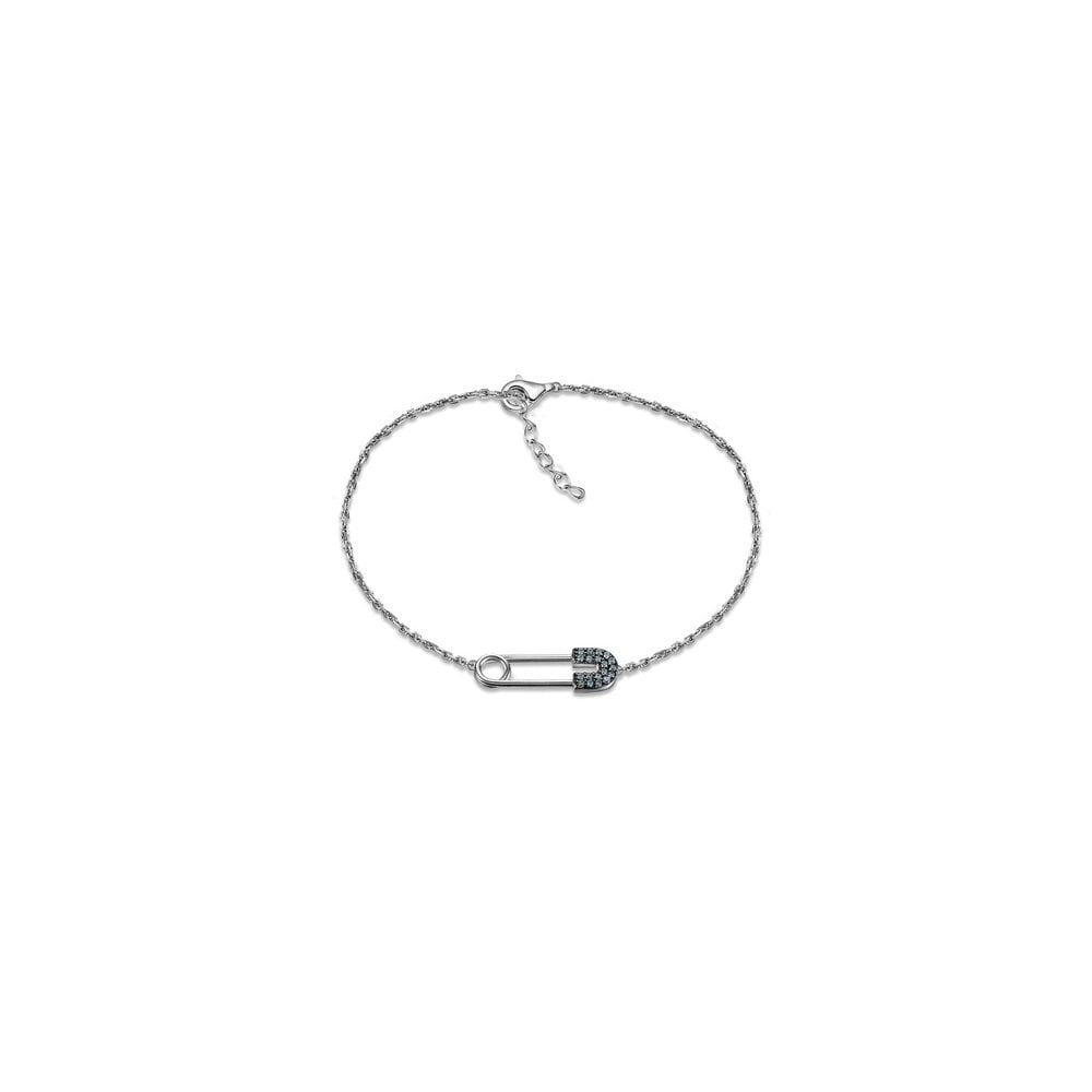 925 Silver Rhodium CZ Set Plated Safety Pin Bracelet