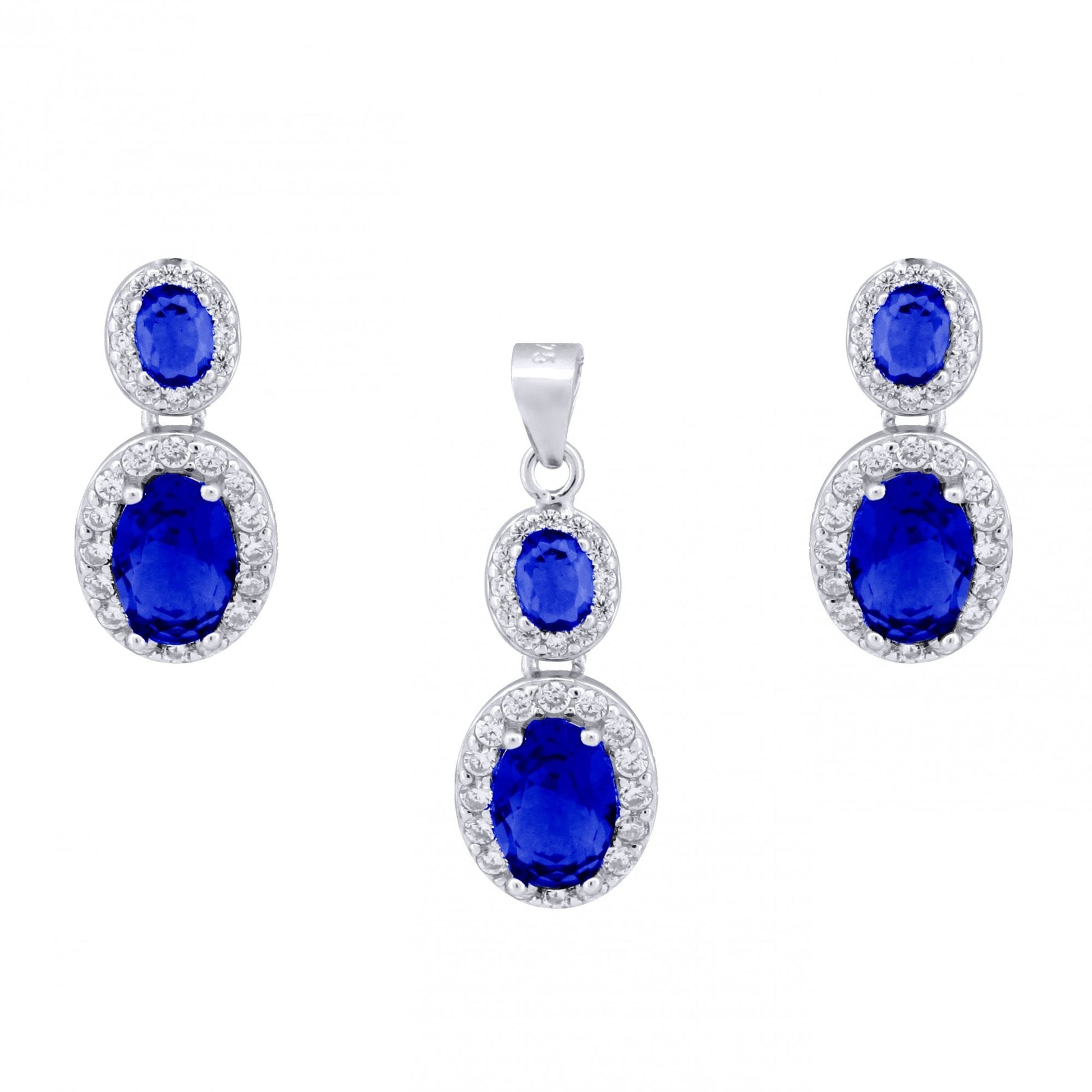 925 Silver Rhodium Princess Kate Sapphire Centre CZ Earring and Pendant Set
