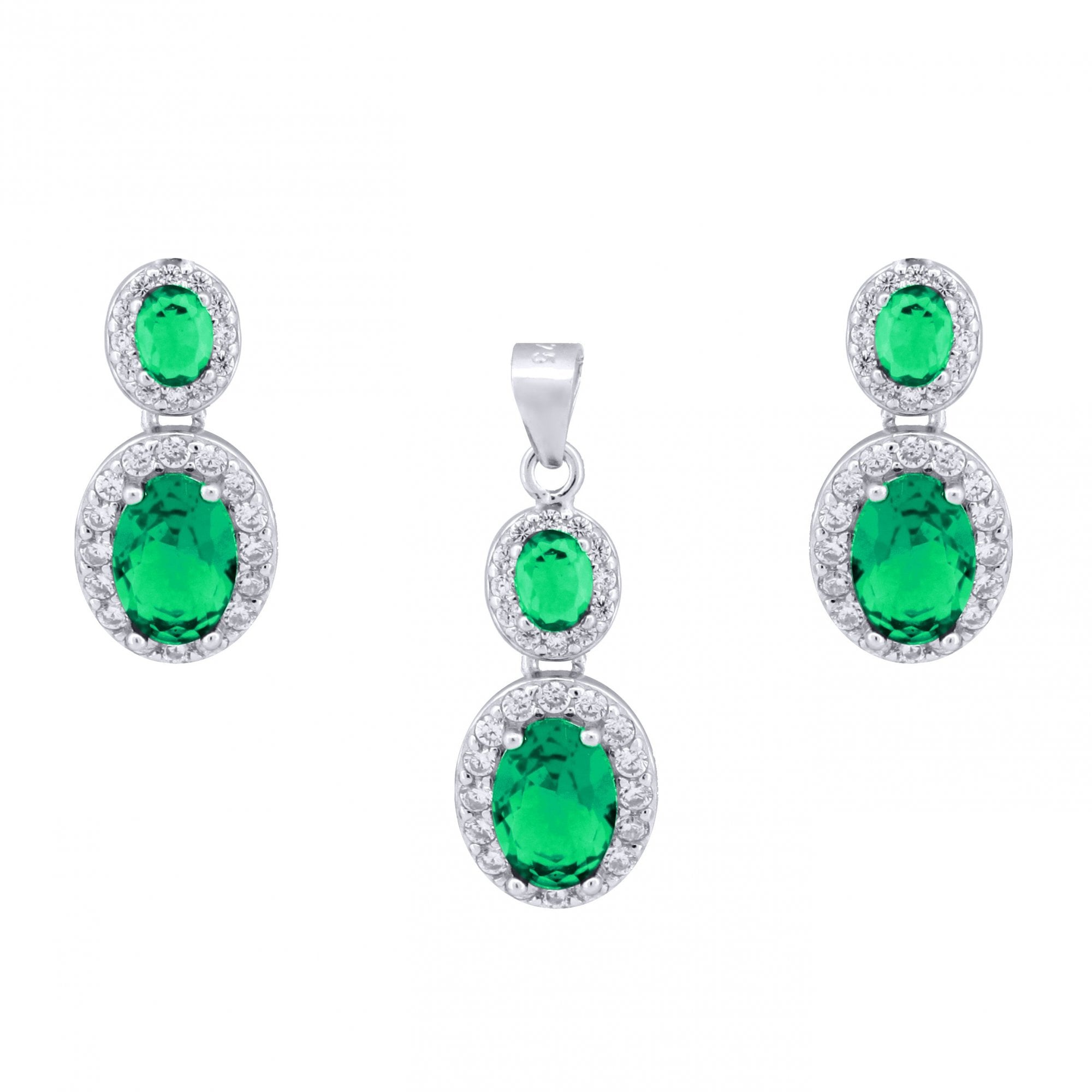 925 Silver Rhodium Princess Kate Emereld Centre CZ Earring and Pendant Set