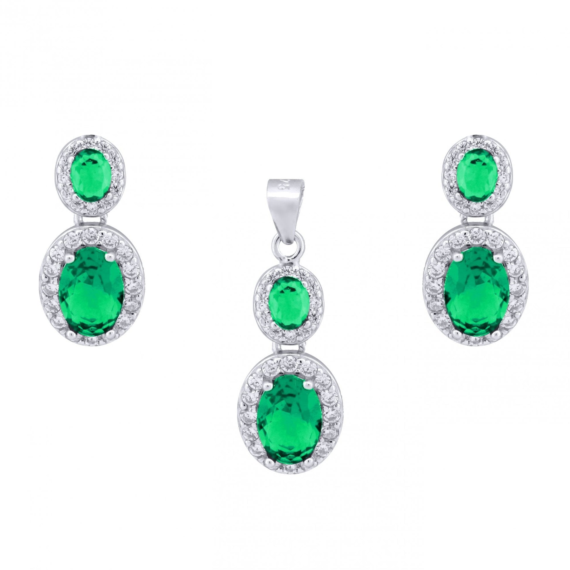 925 Silver Rhodium Princess Kate Emereld Centre CZ Earring and Pendant Set