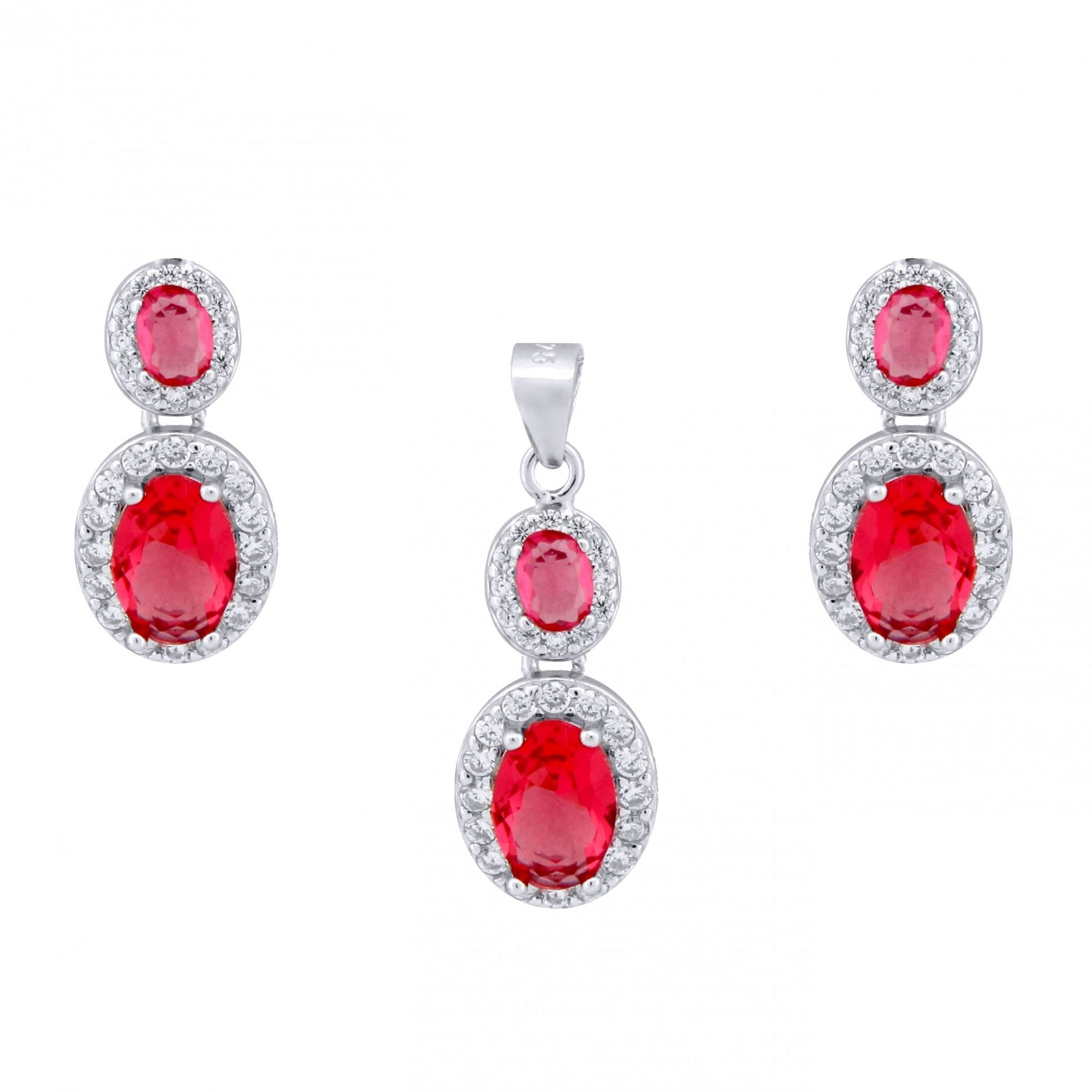 925 Silver Rhodium Princess Kate Ruby Centre CZ Earring and Pendant Set