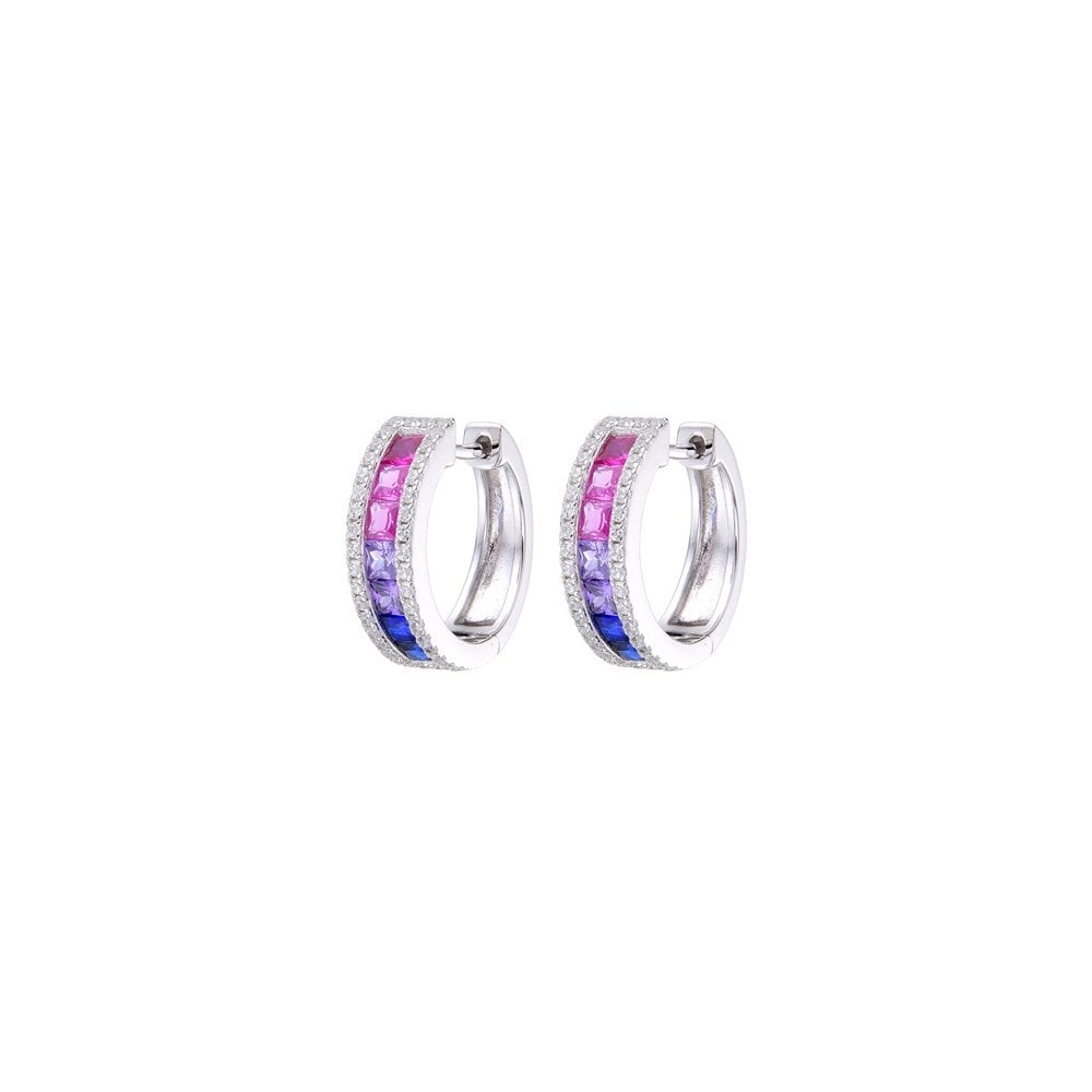 925 Silver Rhodium Plated Multi Col CZ Set Huggie Earrings
