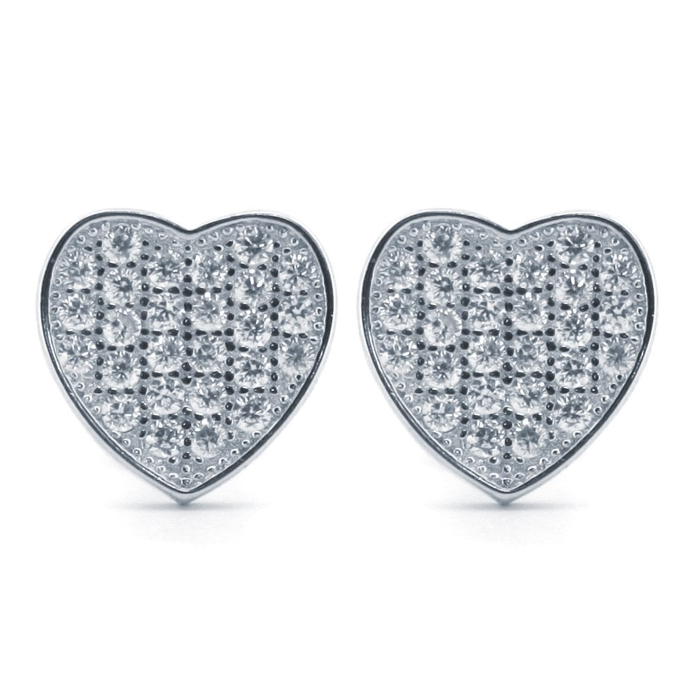 925 Silver Rhodium Plated CZ Set Heart Studs