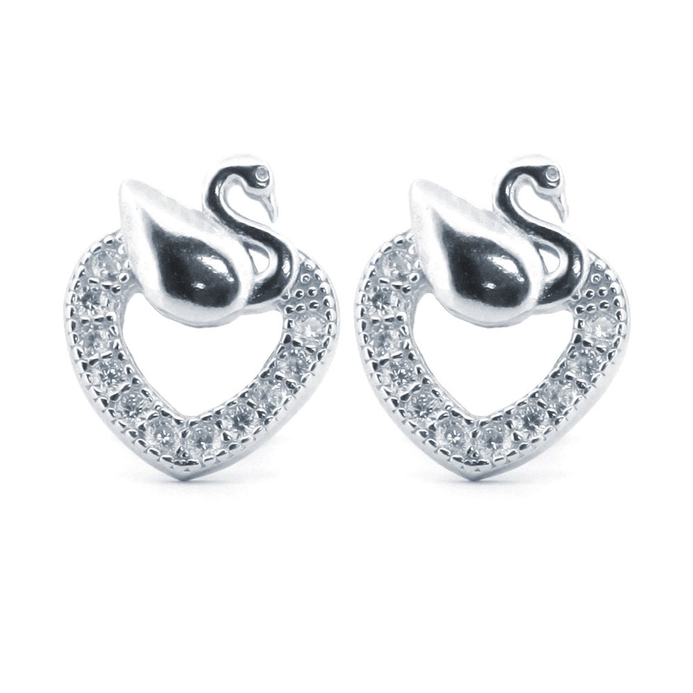 925 Silver Rhodium Plated CZ Set Heart Studs
