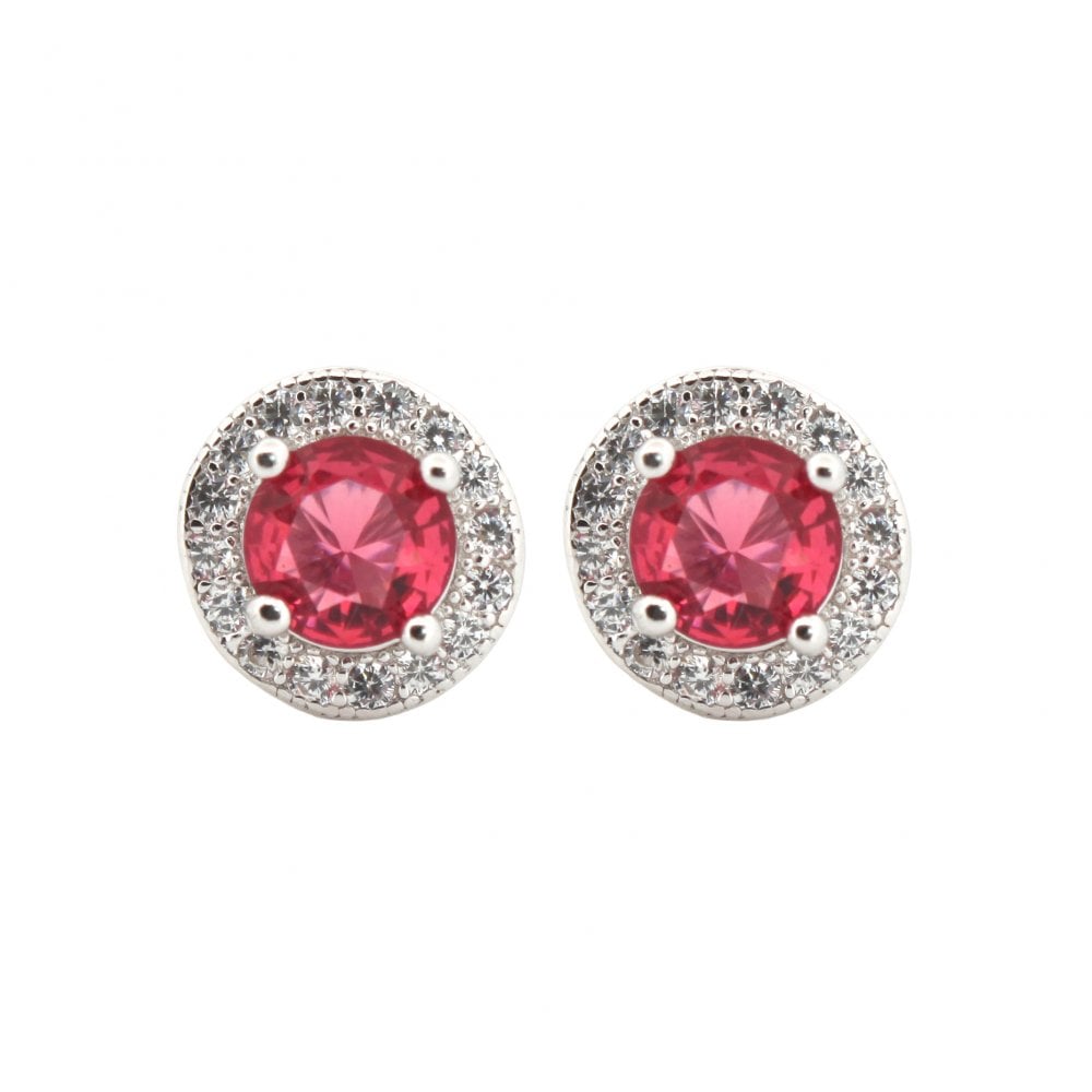 925 Silver Rhodium Halo Studs Ruby Centre CZ