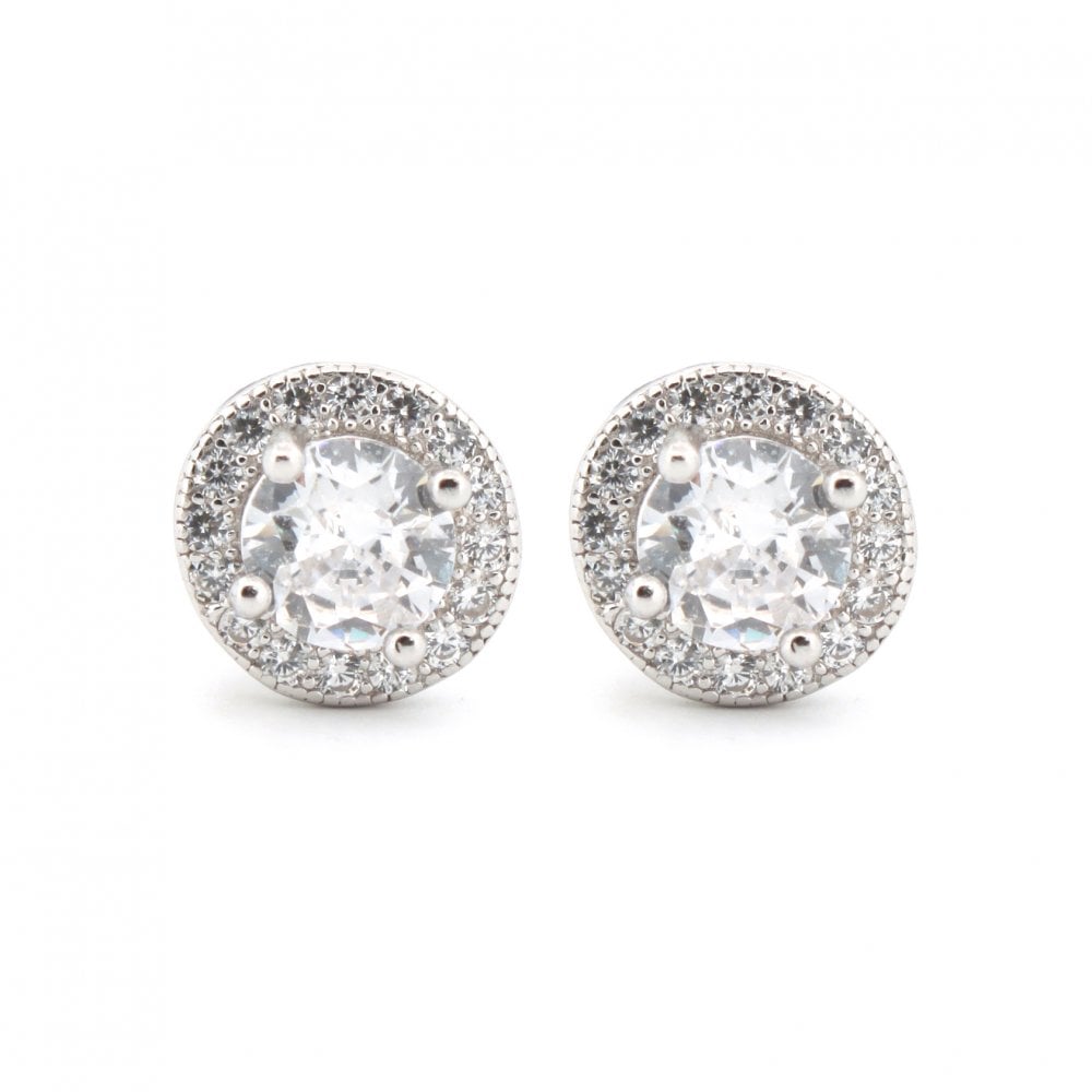 925 Silver Rhodium Halo CZ Studs White