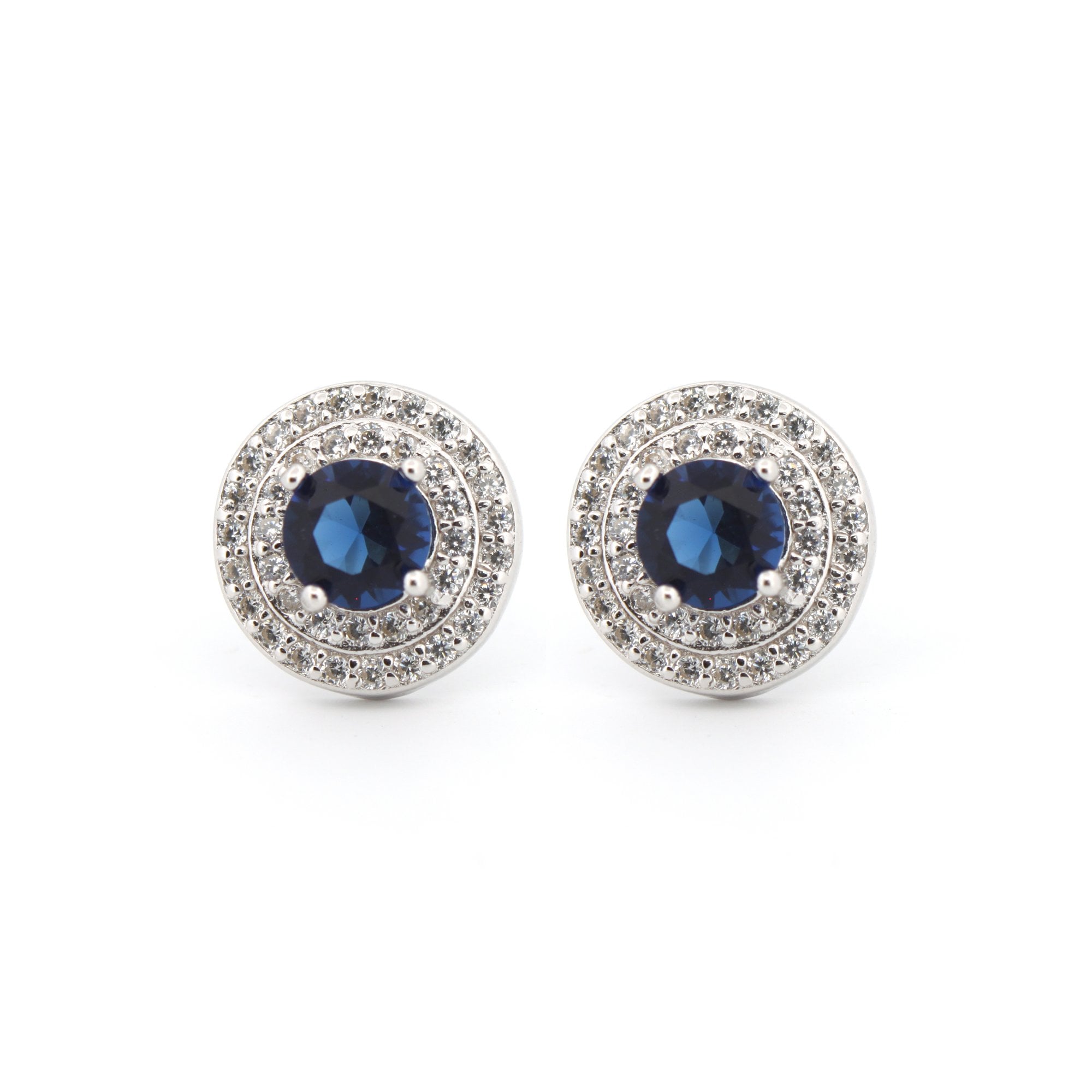 925 Silver Rhodium Halo Studs Sapphire Centre CZ