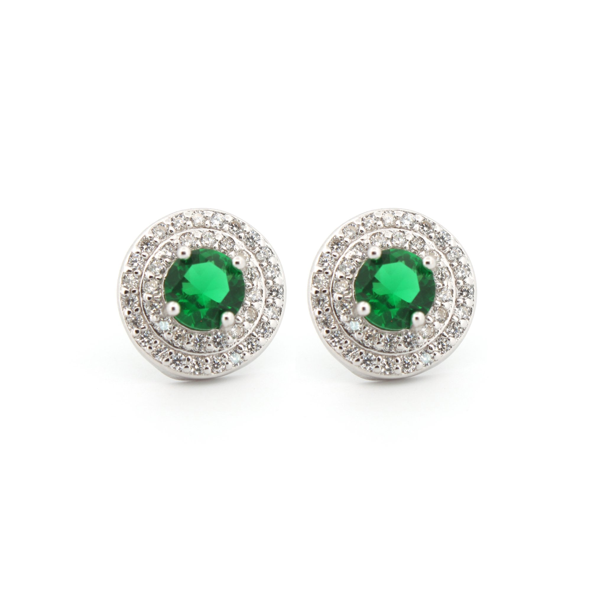 925 Silver Rhodium Halo Studs Emerald Centre CZ