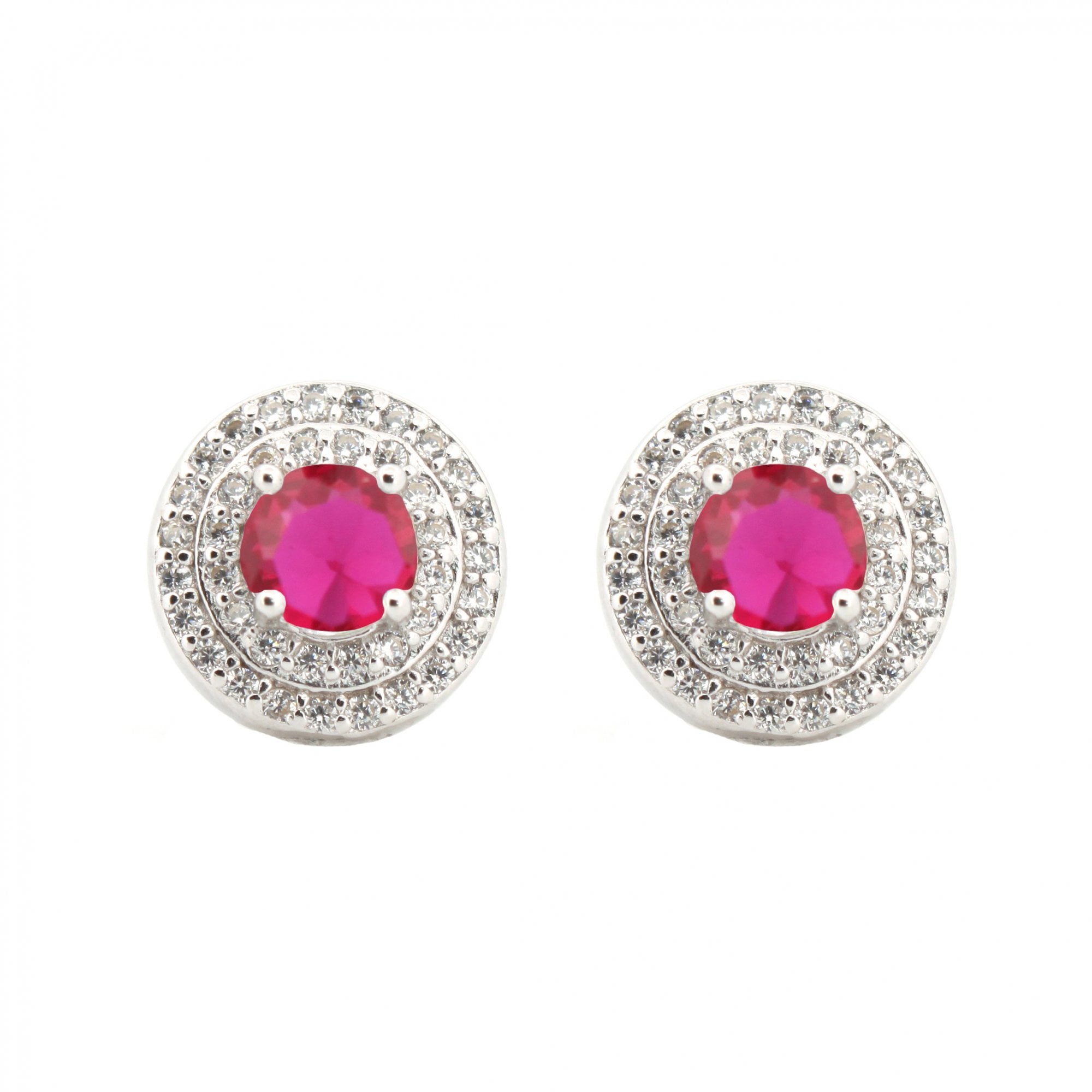 925 Silver Rhodium Halo Studs Ruby Centre CZ