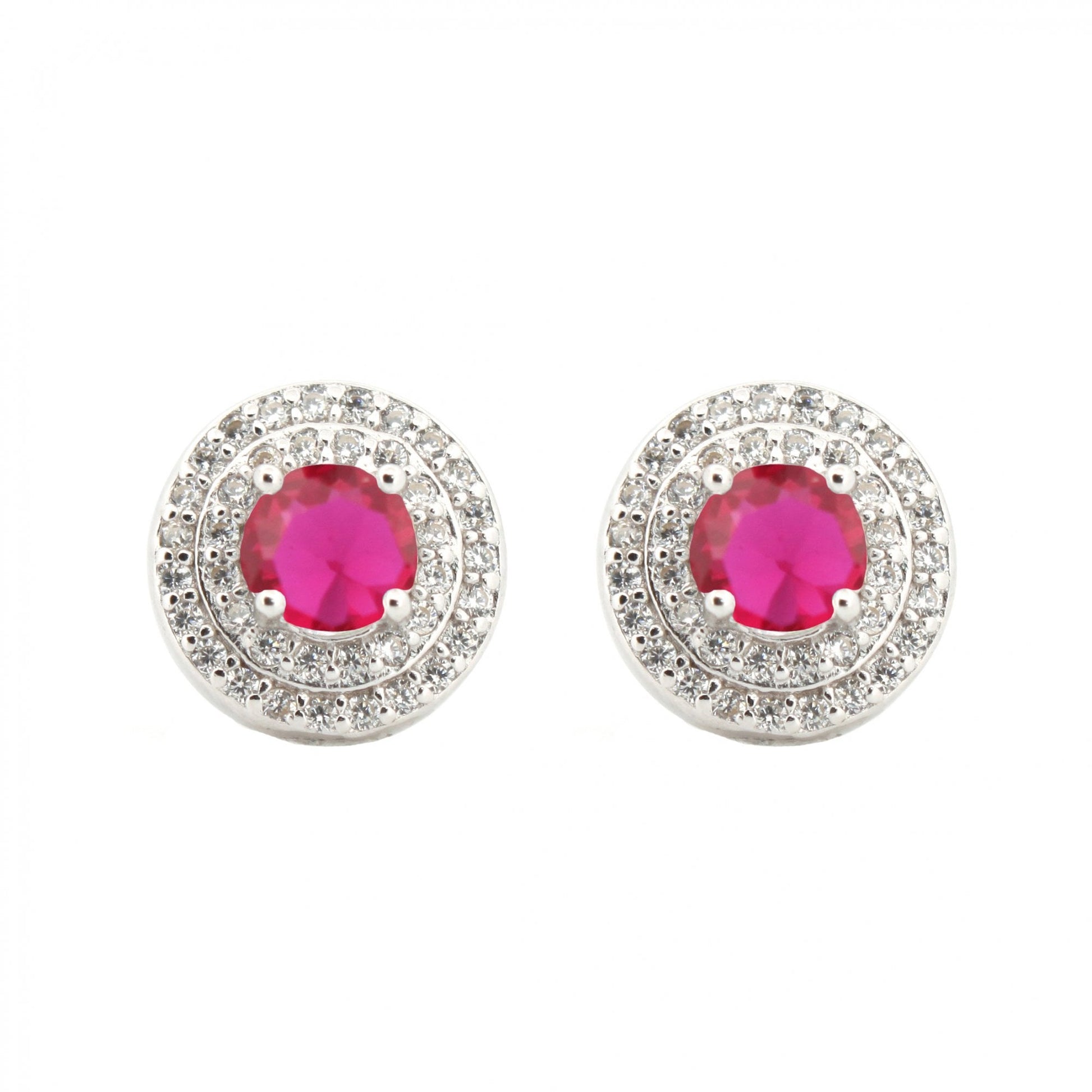 925 Silver Rhodium Halo Studs Ruby Centre CZ