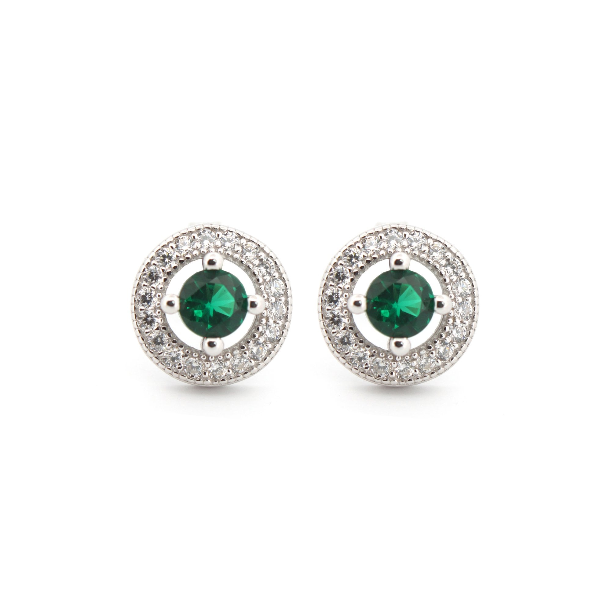 925 Silver Rhodium Halo Studs Emerald Centre CZ
