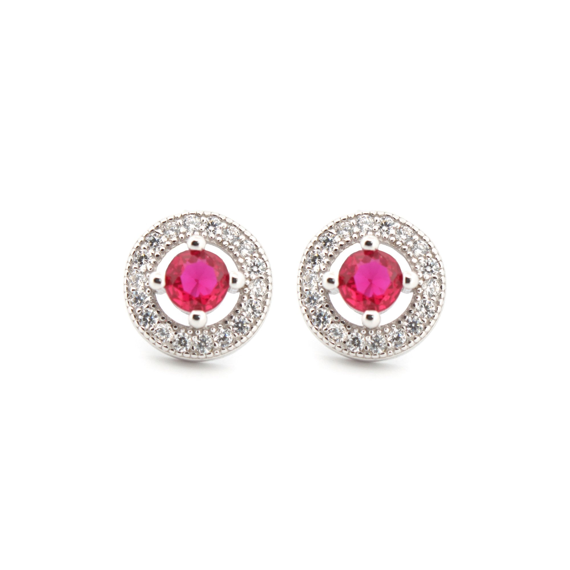 925 Silver Rhodium Halo Studs Ruby Centre CZ