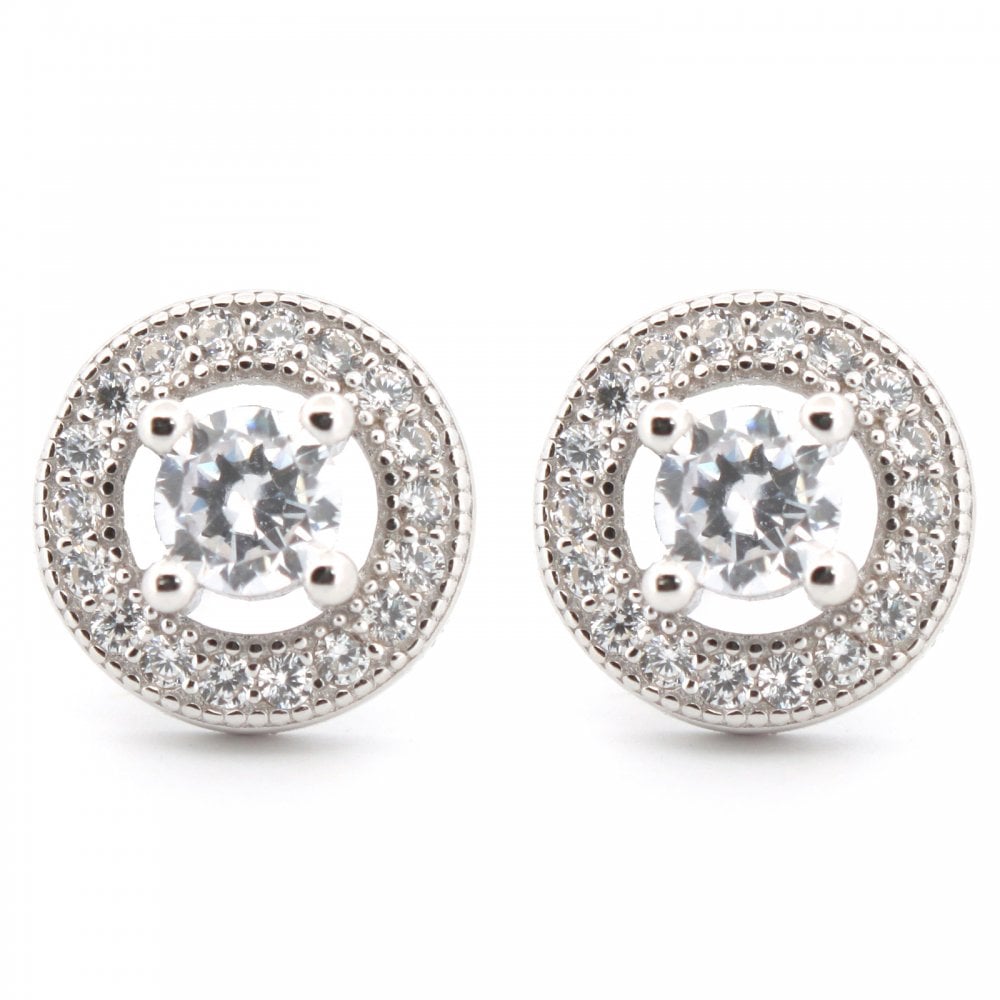 925 Silver Rhodium Halo CZ Studs White