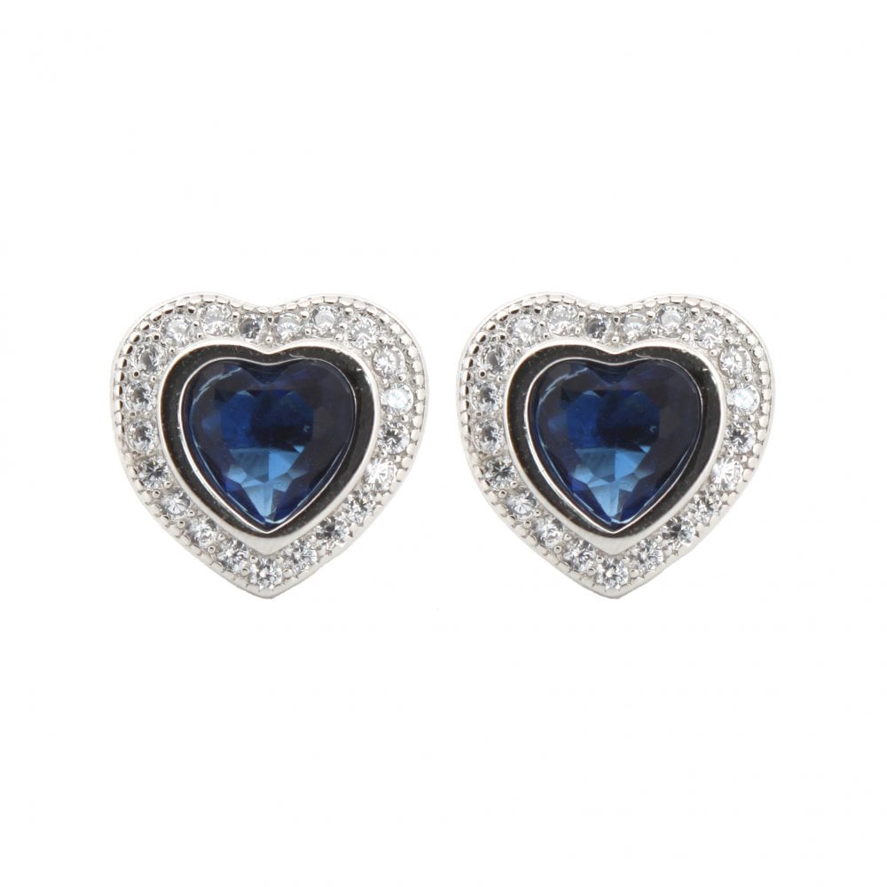 925 Silver Rhodium Heart Shape Studs Sapphire Centre CZ