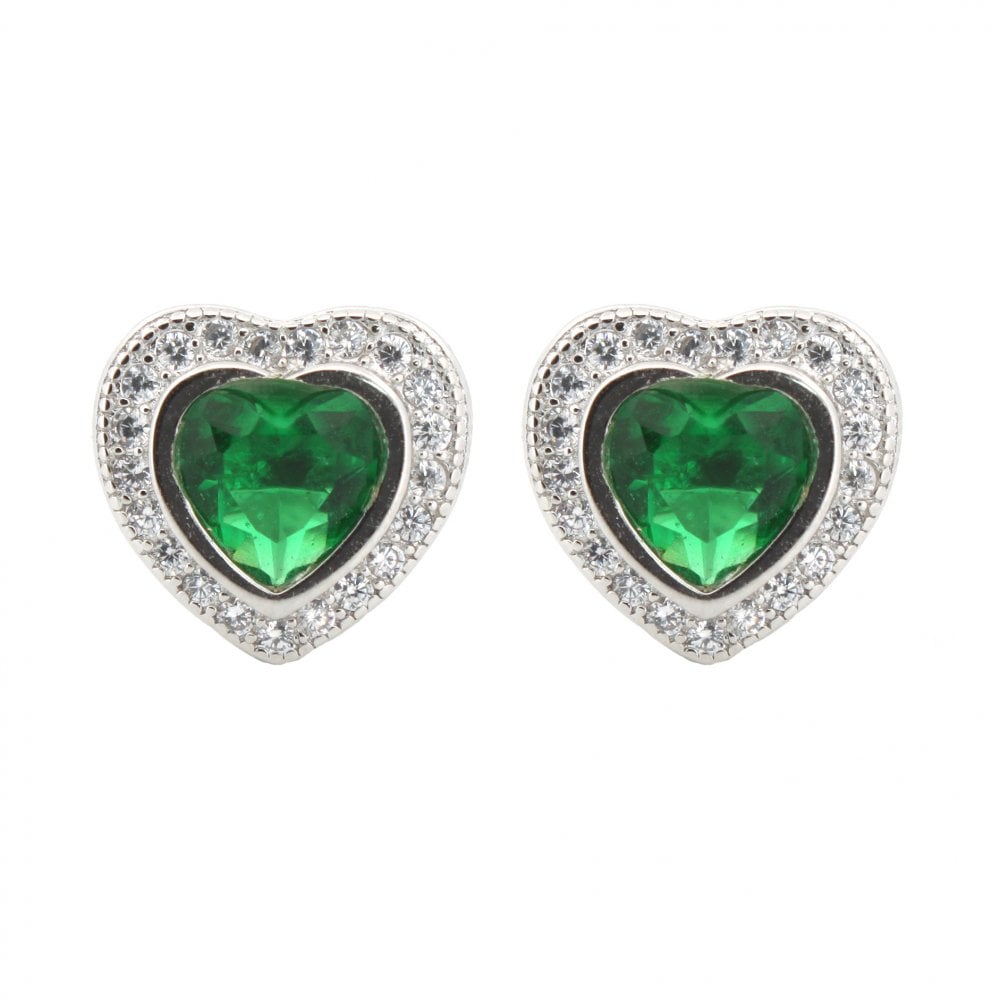 925 Silver Rhodium Heart Shape Studs Emerald Centre CZ