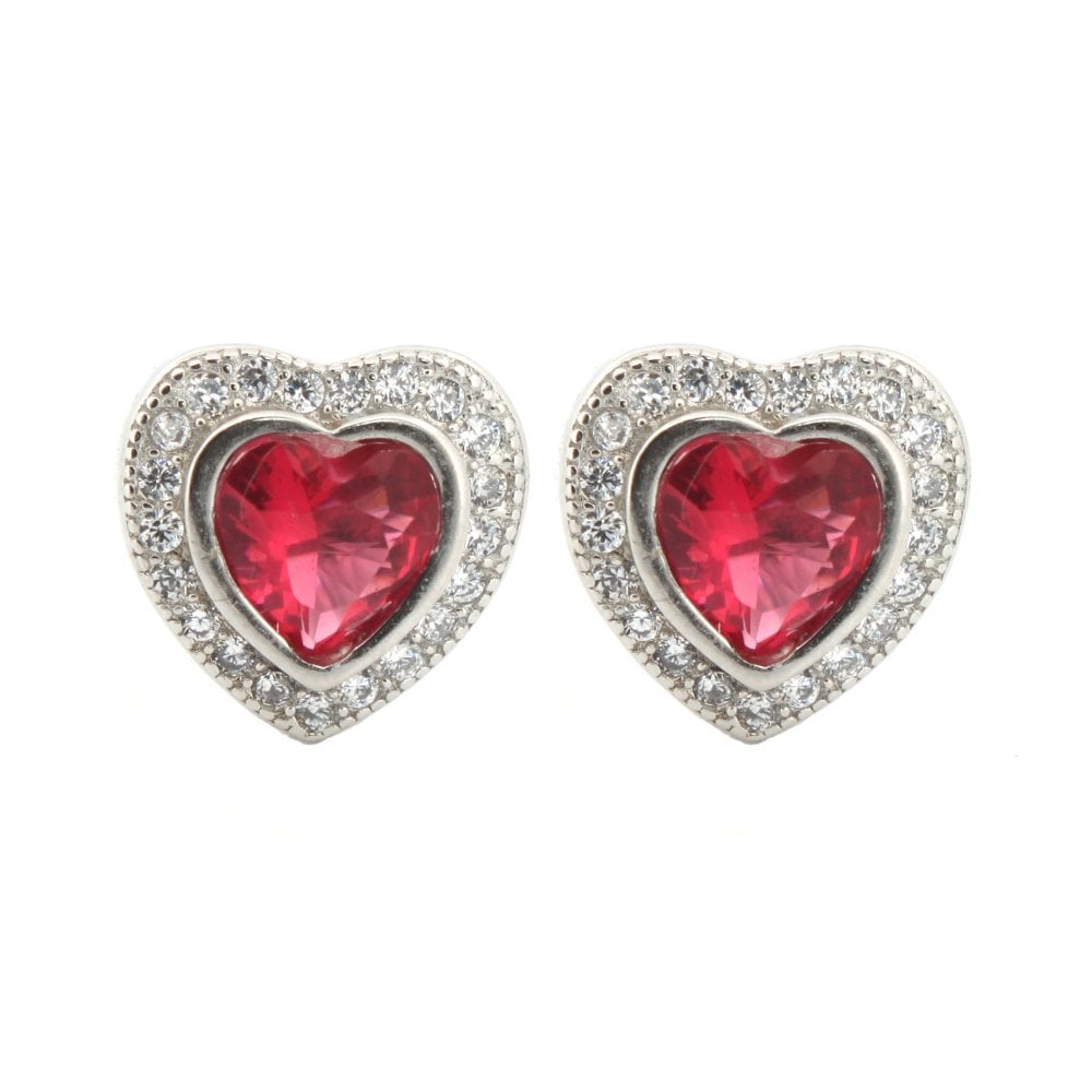 925 Silver Rhodium Heart Shape Studs Ruby Centre CZ