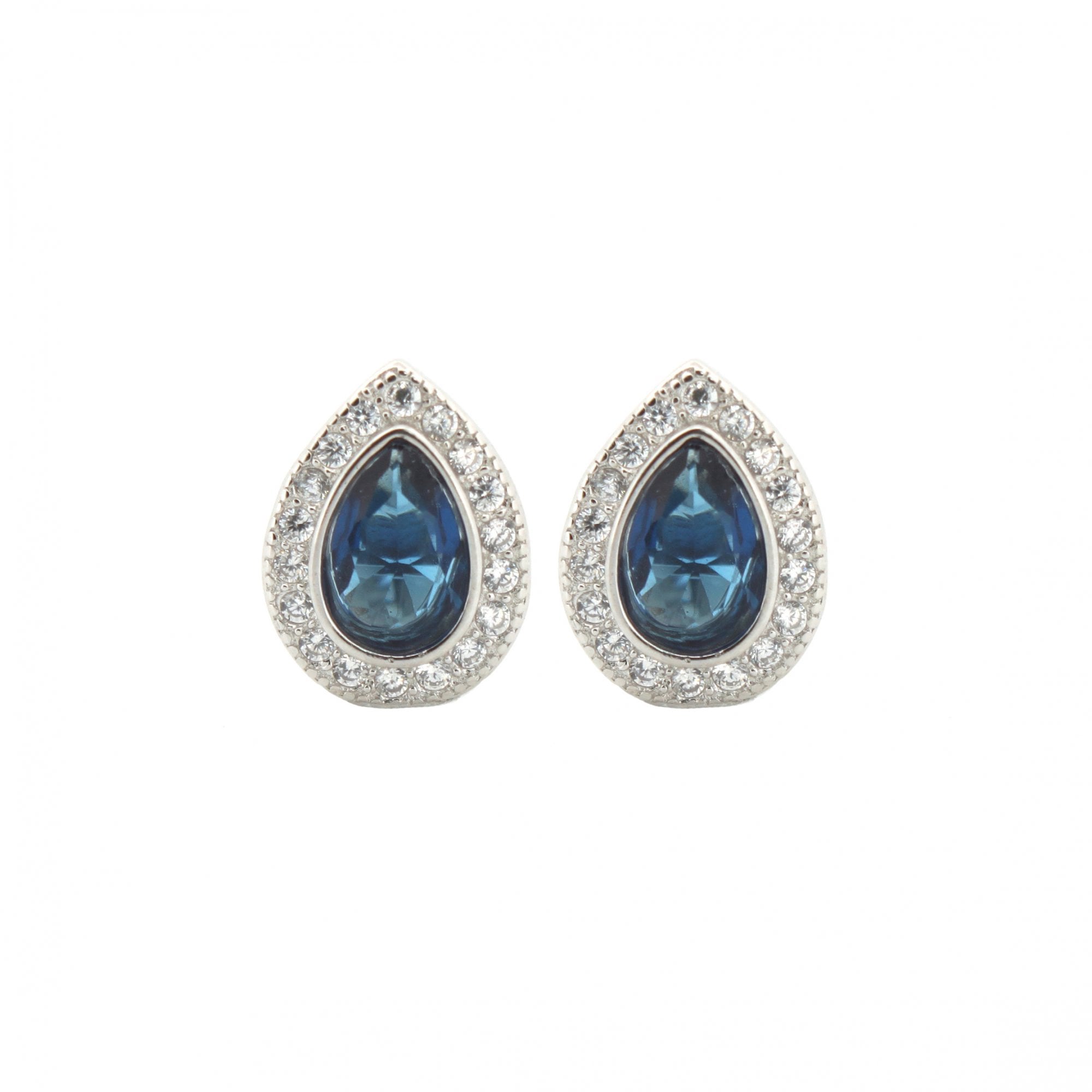 925 Silver Rhodium Pear Shape Studs Sapphire Centre CZ