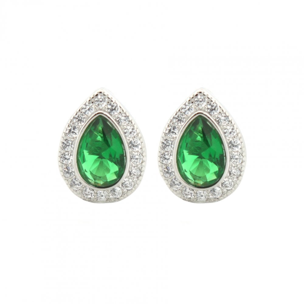 925 Silver Rhodium Pear Shape Studs Emerald Centre CZ