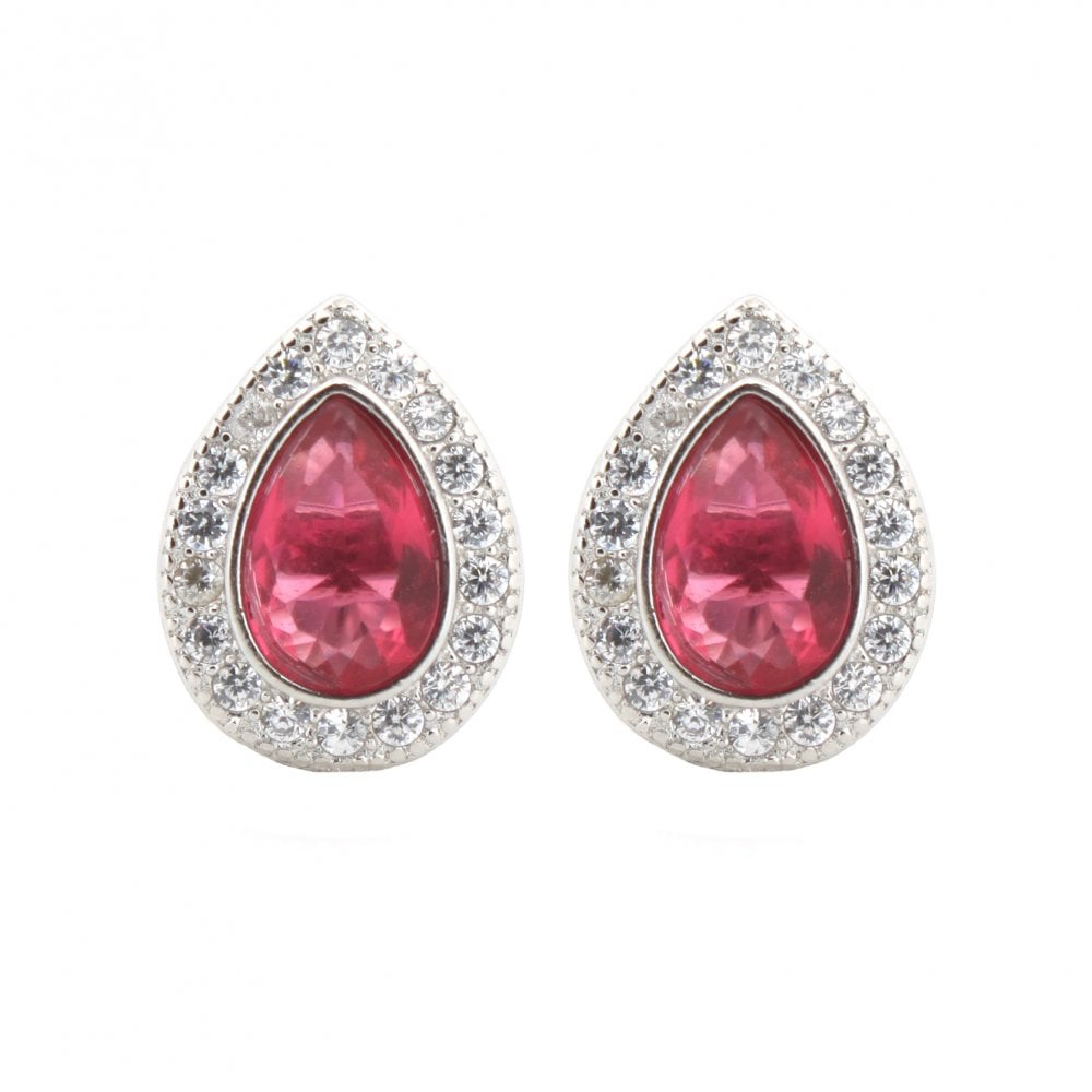 925 Silver Rhodium Pear Shape Studs Ruby Centre CZ
