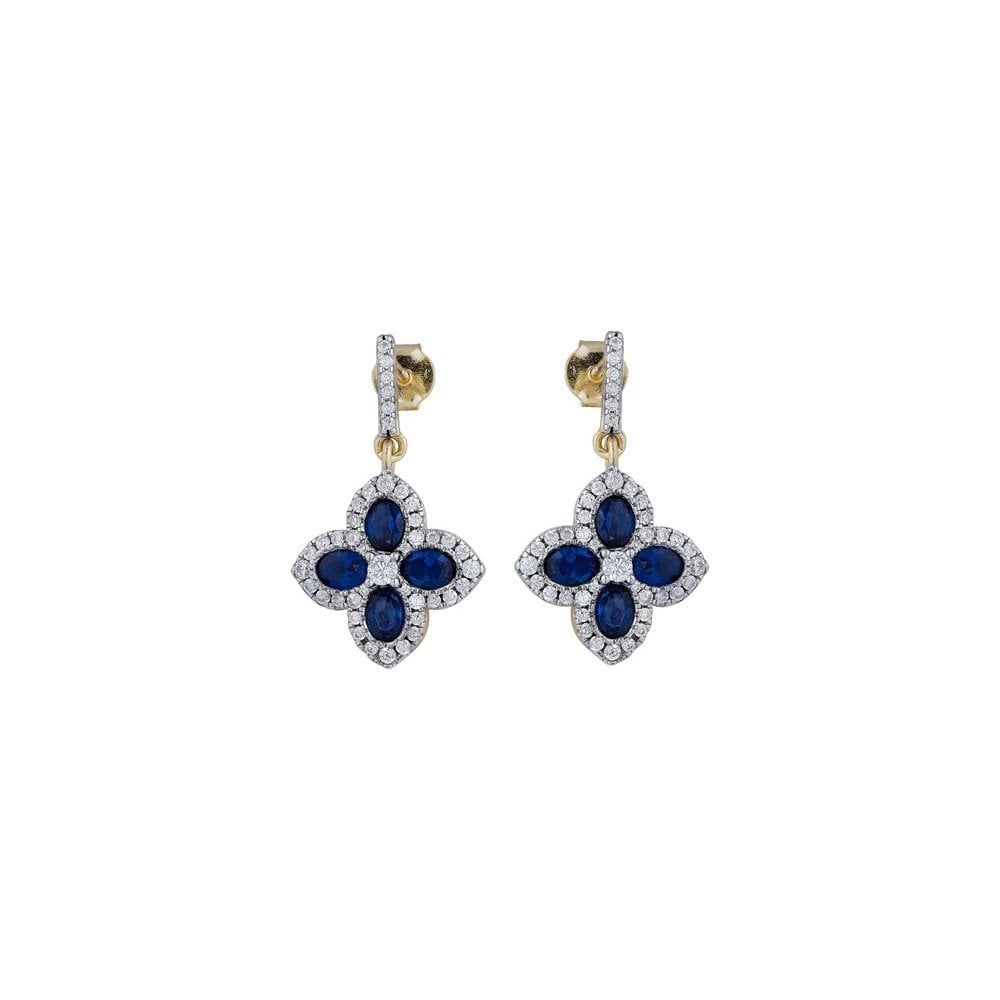 925 Silver 14ct Gold Plate CZ Set Clover Drops Blue