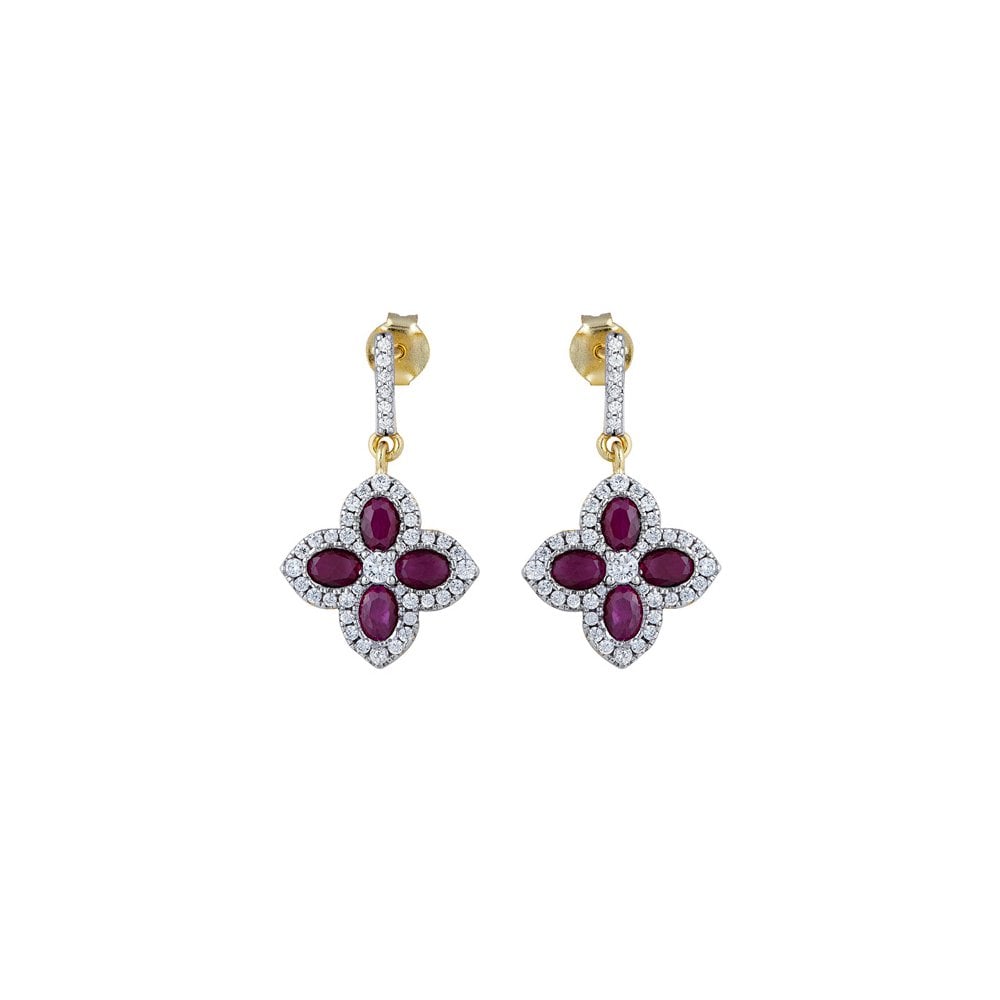 925 Silver 14ct Gold Plate CZ Set Clover Drops Red