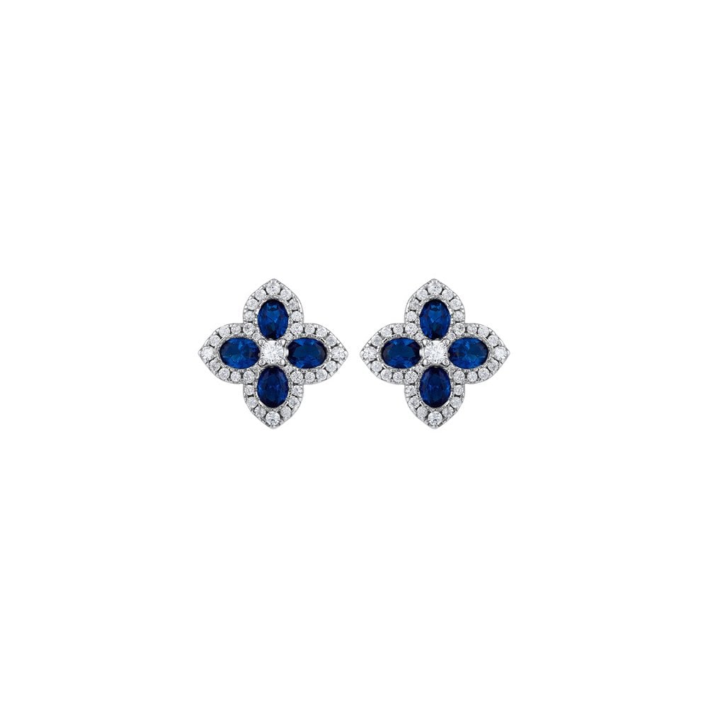925 Silver 14ct Gold Plate CZ Set Clover Studs Blue