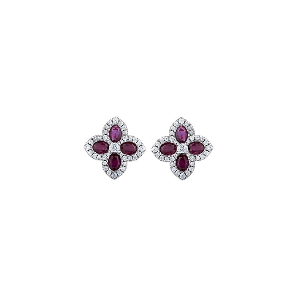 925 Silver 14ct Gold Plate CZ Set Clover Studs Red