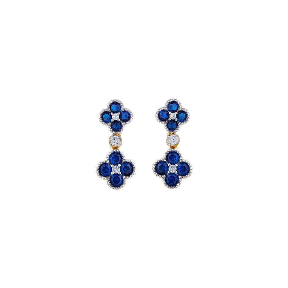 925 Silver 14ct Gold Plate CZ Set Clover Drops Blue