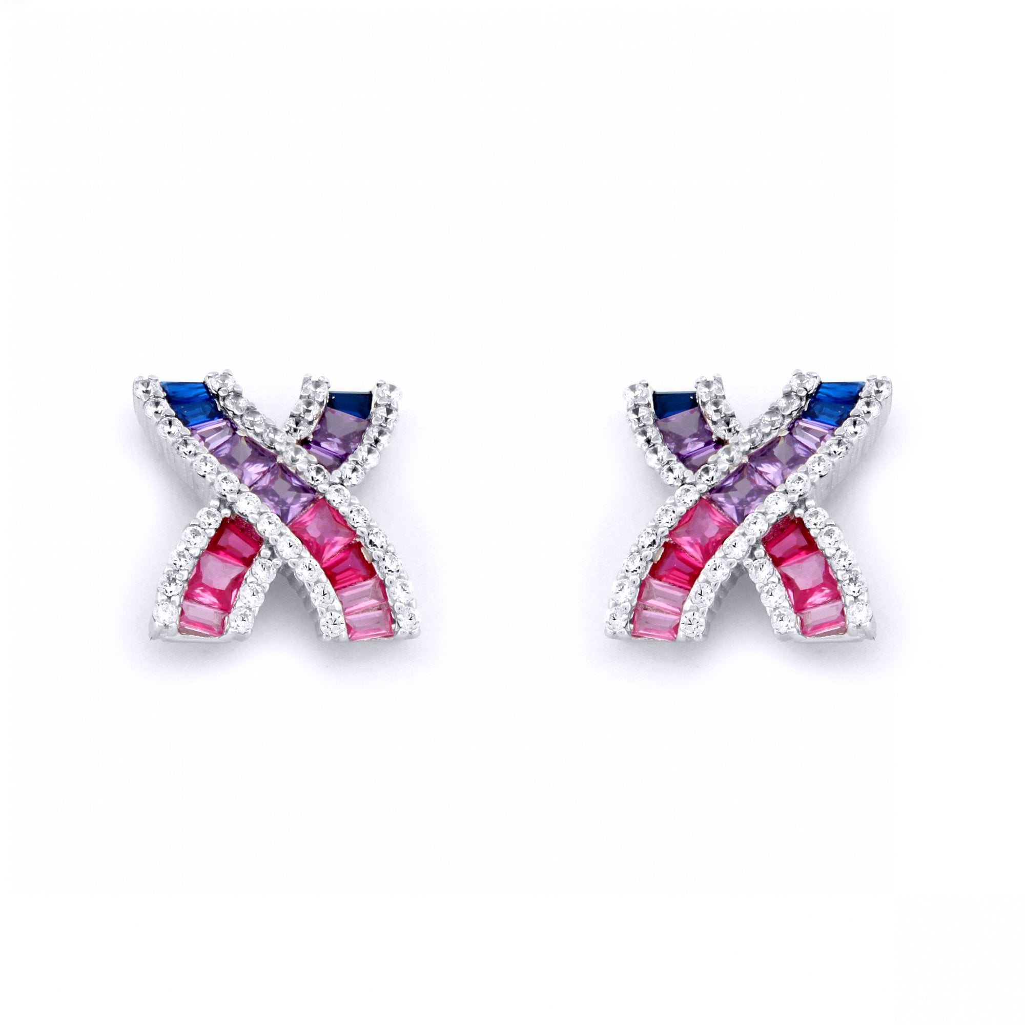 925 Silver Rhodium Plated Multo Col CZ Set Kisses Studs