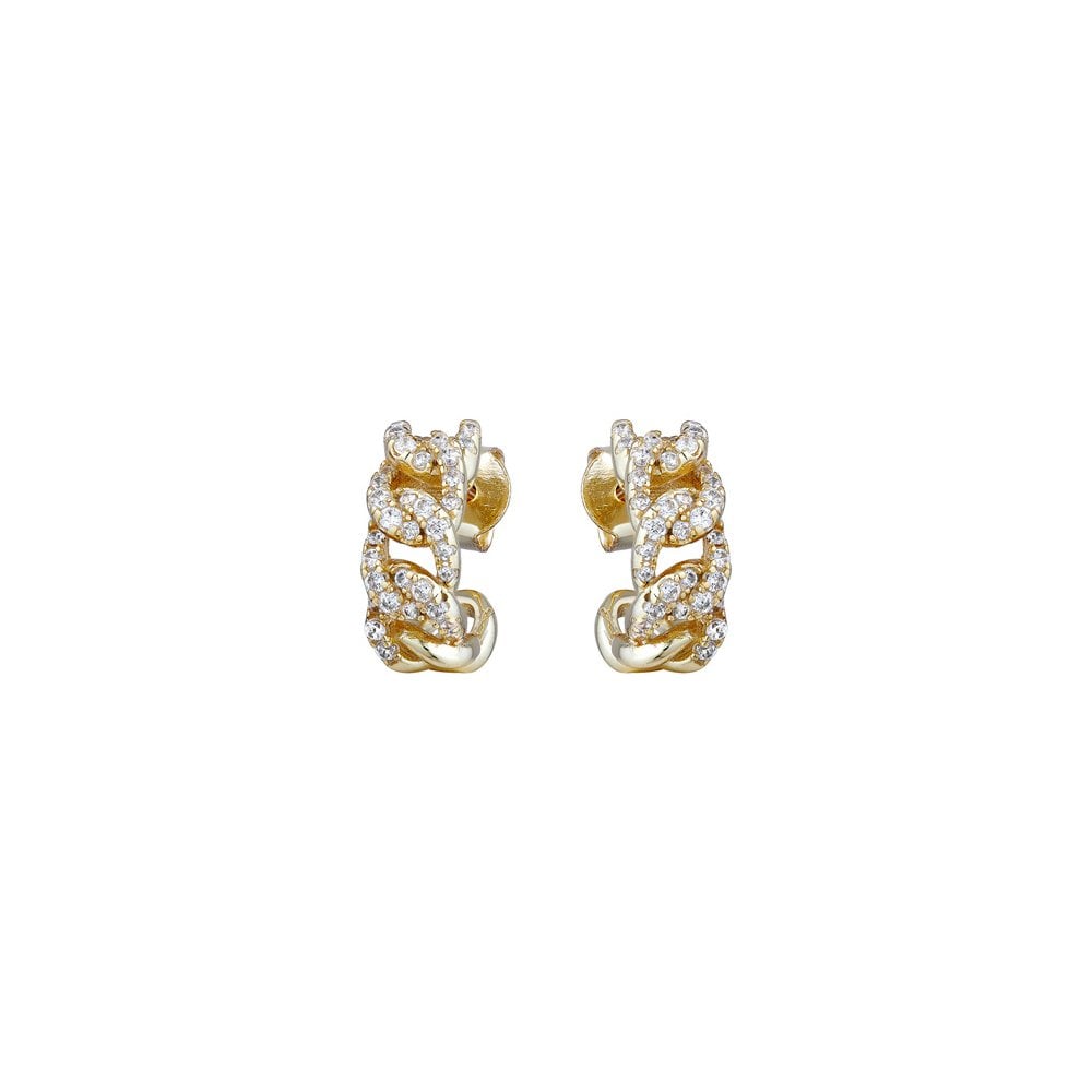 925 Silver 14ct Gold Plated CZ Set Curb Half Hoop Studs