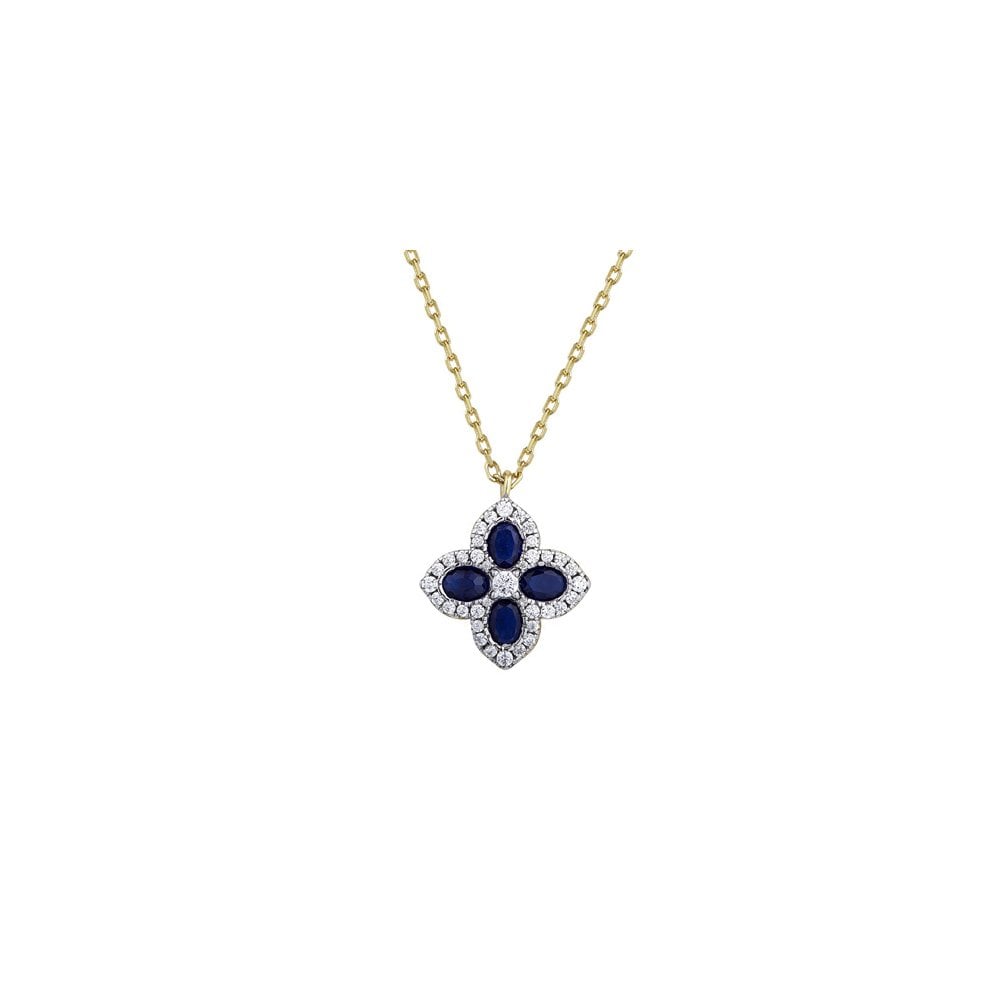 925 Silver 14ct Gold Plated CZ Set Clover Necklace Blue