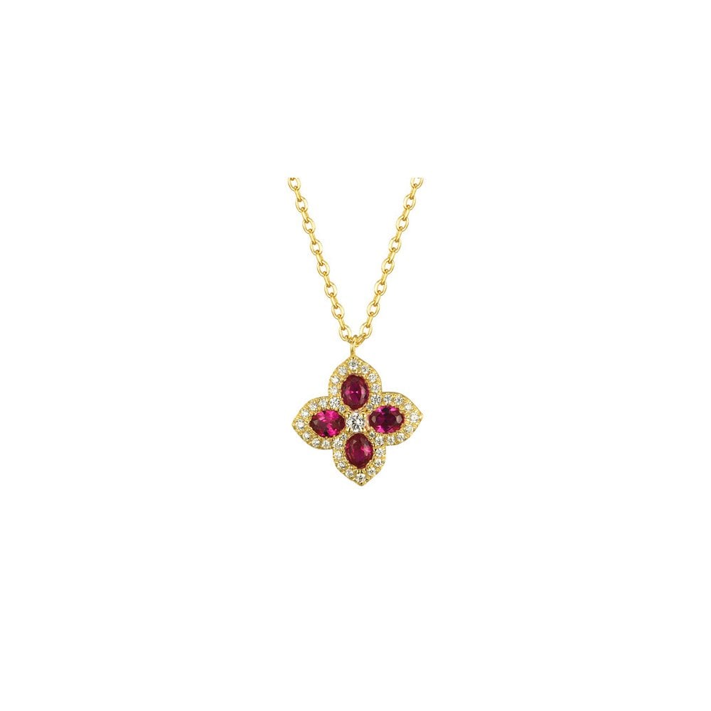 925 Silver 14ct Gold Plated CZ Set Clover Necklace Red