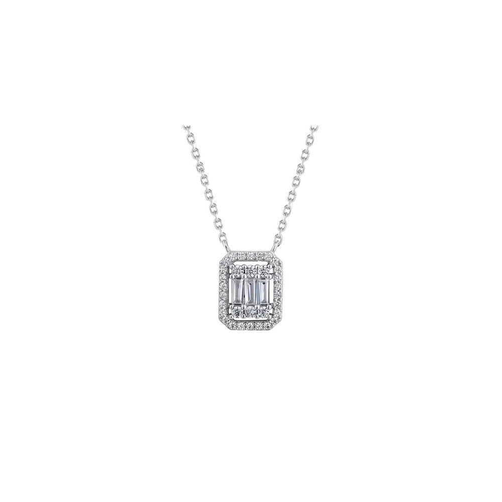 925 Silver Rhodium Plated CZ Set Emerald Shape Cluster Necklace