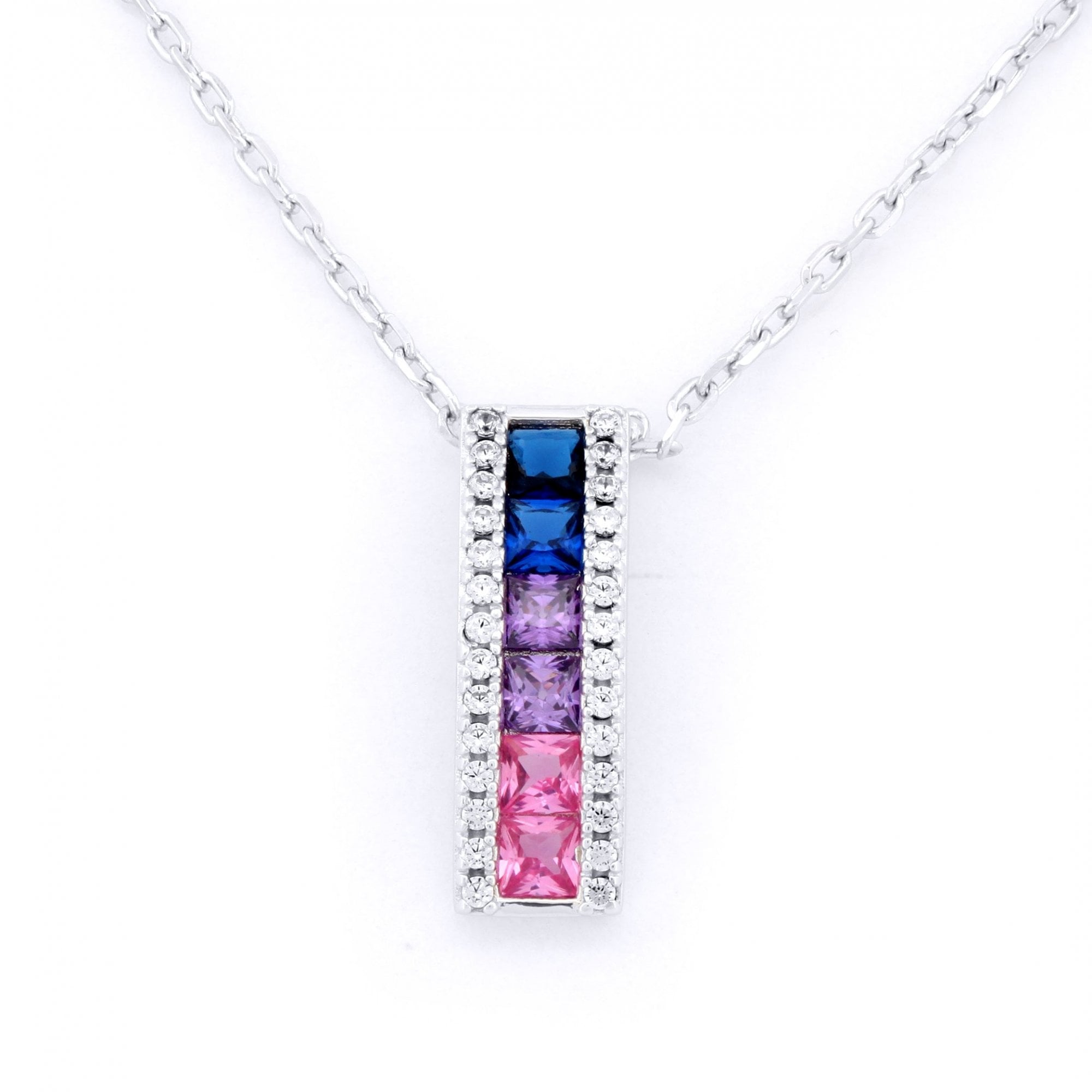 925 Silver Rhodium Plated Multi Col CZ Set Bar Necklace